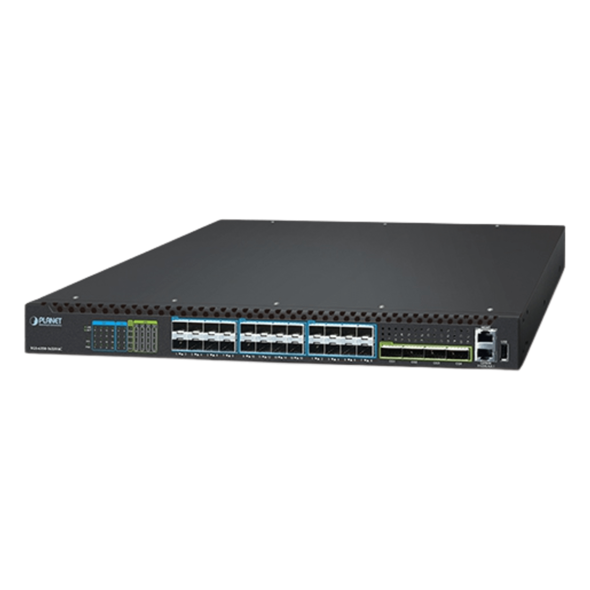 Switch Gestionado Capa 3 / Puertos 100G QSFP28 / 25G SFP28 / 10G SFP+ / Conmutación Non-Blocking 1520 Gbps / Apilado 10 Unidades / ERPS G.8032 / Fuente Redundante Hot-Swap — PLANET · SKU XGS-6350-16X8Y4C
