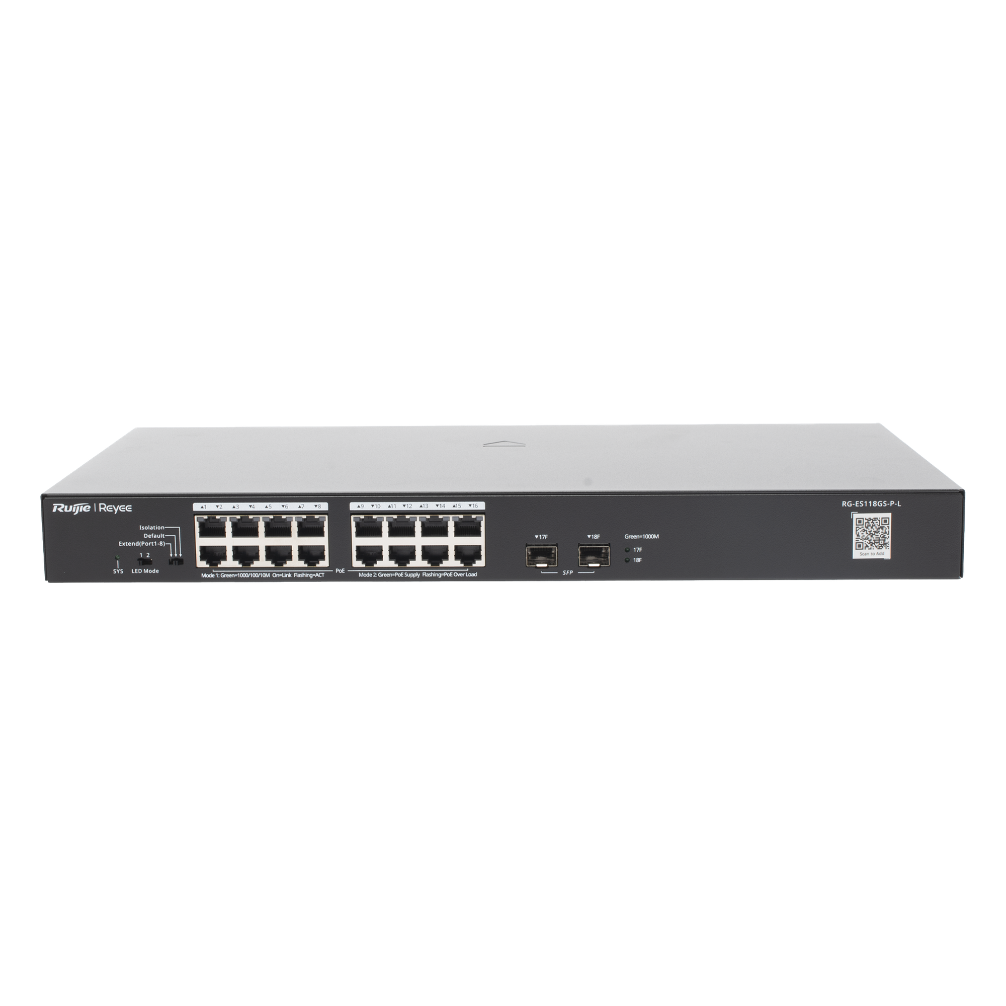 Switch PoE+ No Administrable / 18 Puertos Gigabit / 2 Uplinks SFP 1G / 247 W / Conmutación 36 Gbps / Protección 4 kV — RUIJIE · SKU RG-ES118GS-P-L