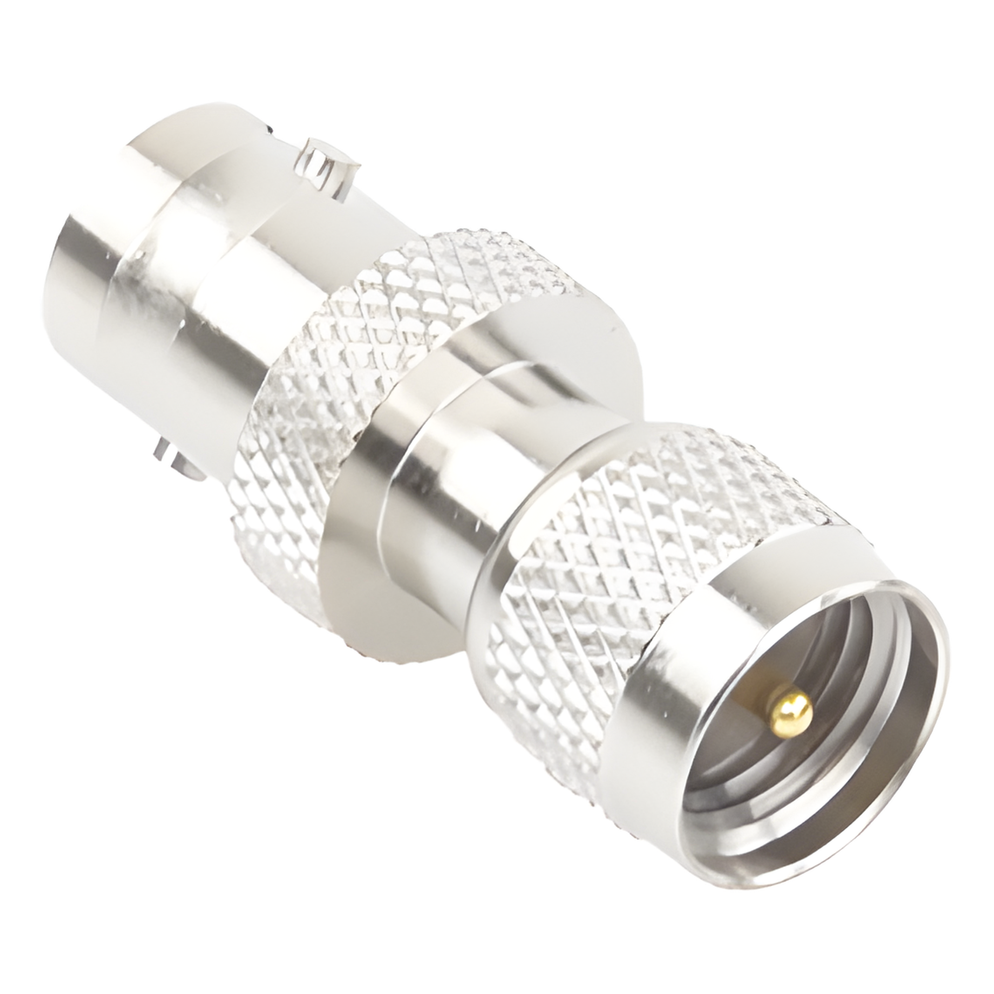 Adaptador de Conector / Mini UHF Macho a BNC Hembra / Montaje en Línea / Cuerpo Bronce Niquelado / Contacto Oro / Aislante Teflón — RF INDUSTRIES,LTD · SKU RFU-622