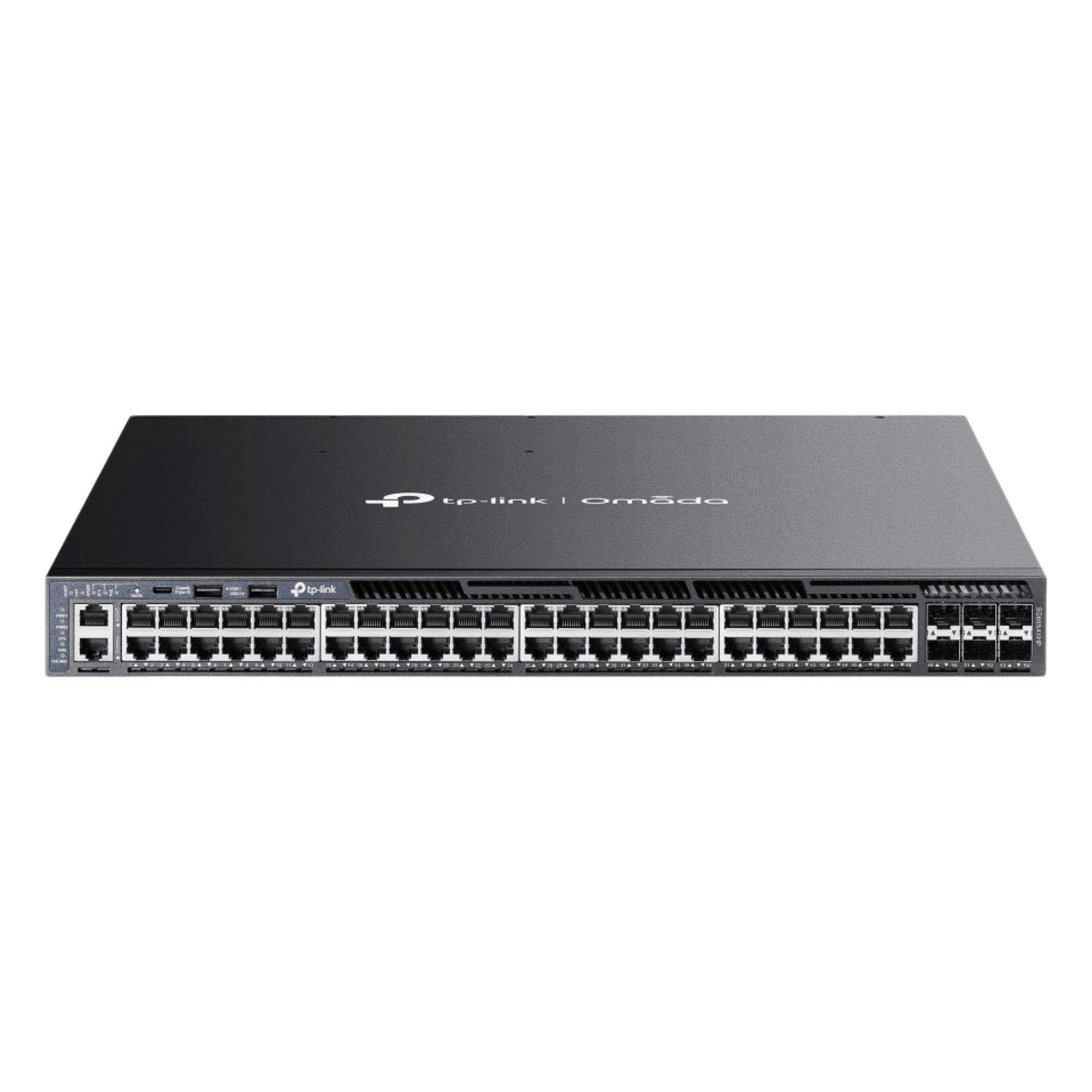 Switch L3 Gestionable Apilable / 48 Puertos Gigabit PoE+ / 6 Ranuras 10G SFP+ / Presupuesto PoE 1440W / Apilamiento 8 Unidades / Enrutamiento OSPF / Gestión Cloud — TP-LINK · SKU SG6654XHP