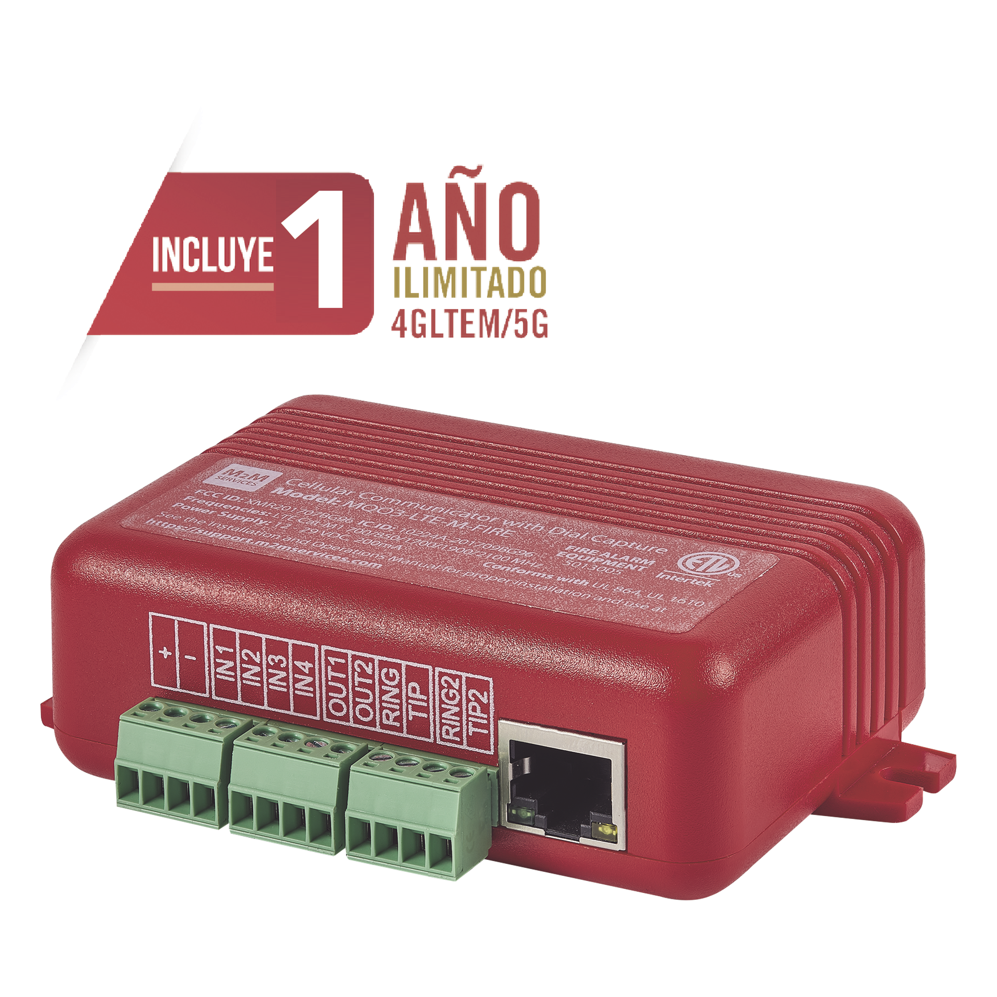 Comunicador Dual para Panel de Incendio / 4G LTE-M + Ethernet / 4 Entradas Contact-ID / 2 Salidas de Voltaje / UL 864 / CSFM 7300 — M2M SERVICES · SKU MQ03-LTE-M-FIRE
