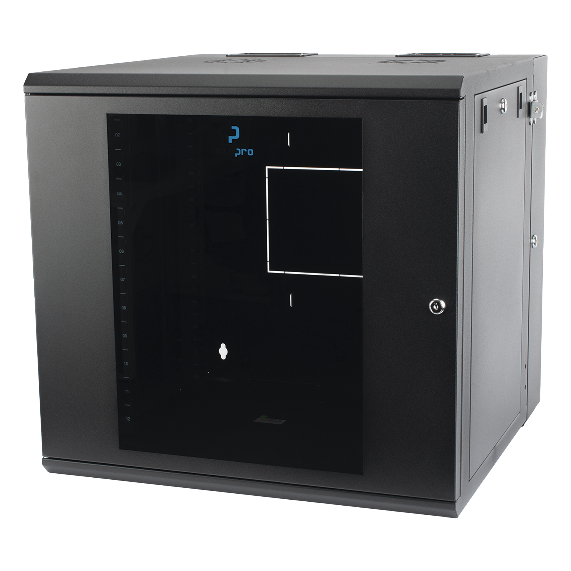 Gabinete de Pared Abatible / Rack 19" 12U / Ventana Cristal Templado / Apertura 120° / Laterales Removibles