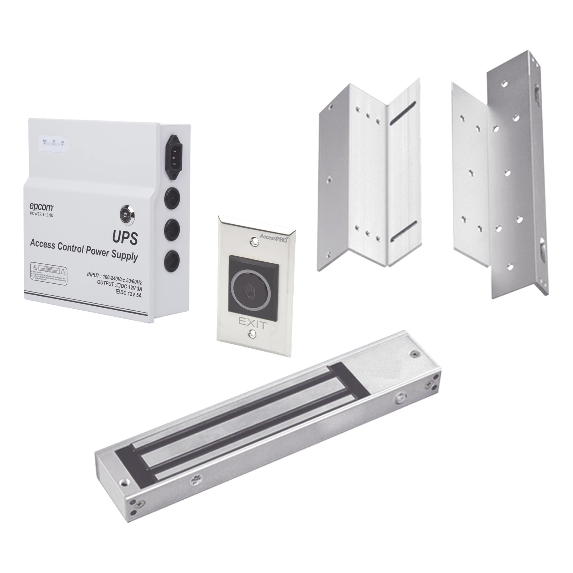 Kit de Control de Acceso / Fuente 12 VCD 5A con Respaldo / Chapa Magnética 600 lbs / Botón Sin Contacto / Montajes L y Z — ACCESSPRO · SKU KITMAG12V