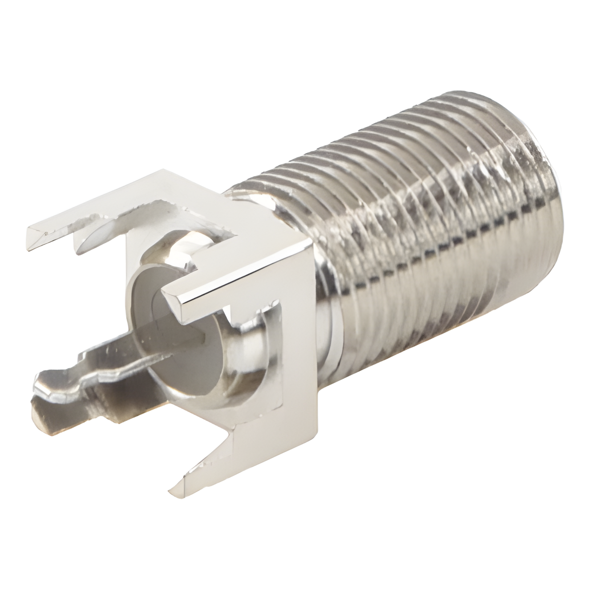 Conector F Hembra / Montaje Vertical PCB / 4 Terminales de Soldadura / Separación 0.32" / Cuerpo Níquel / Contacto Estañado / Dieléctrico Polietileno — RF INDUSTRIES,LTD · SKU RFF-1450-03
