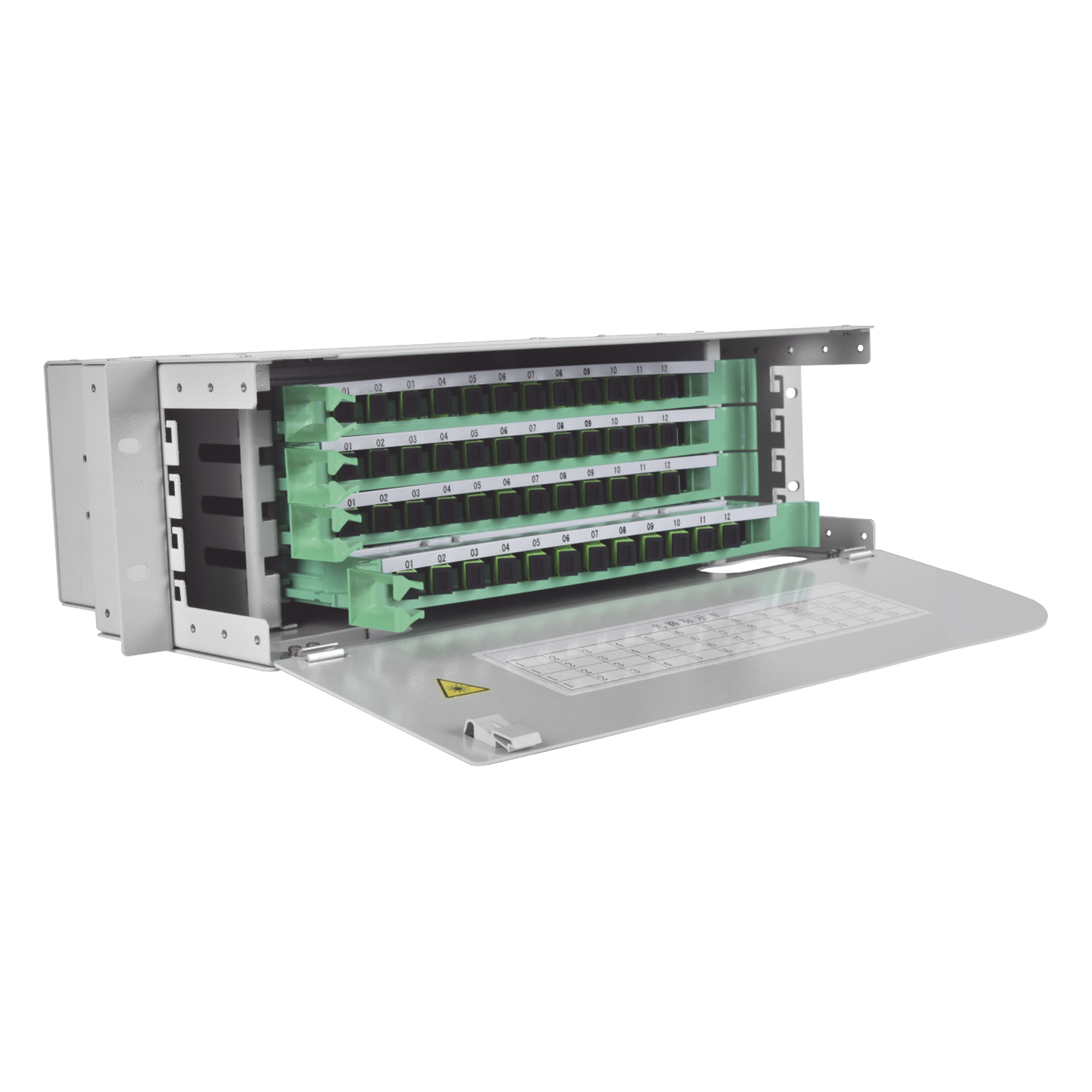 Distribuidor de Fibra Óptica / 48 Empalmes / 48 Acopladores SC/APC / 48 Pigtails 1.5 m / Rack 19' / 3 UR / 250 mm Profundidad — FIBERHOME · SKU ODU19T-A48-A