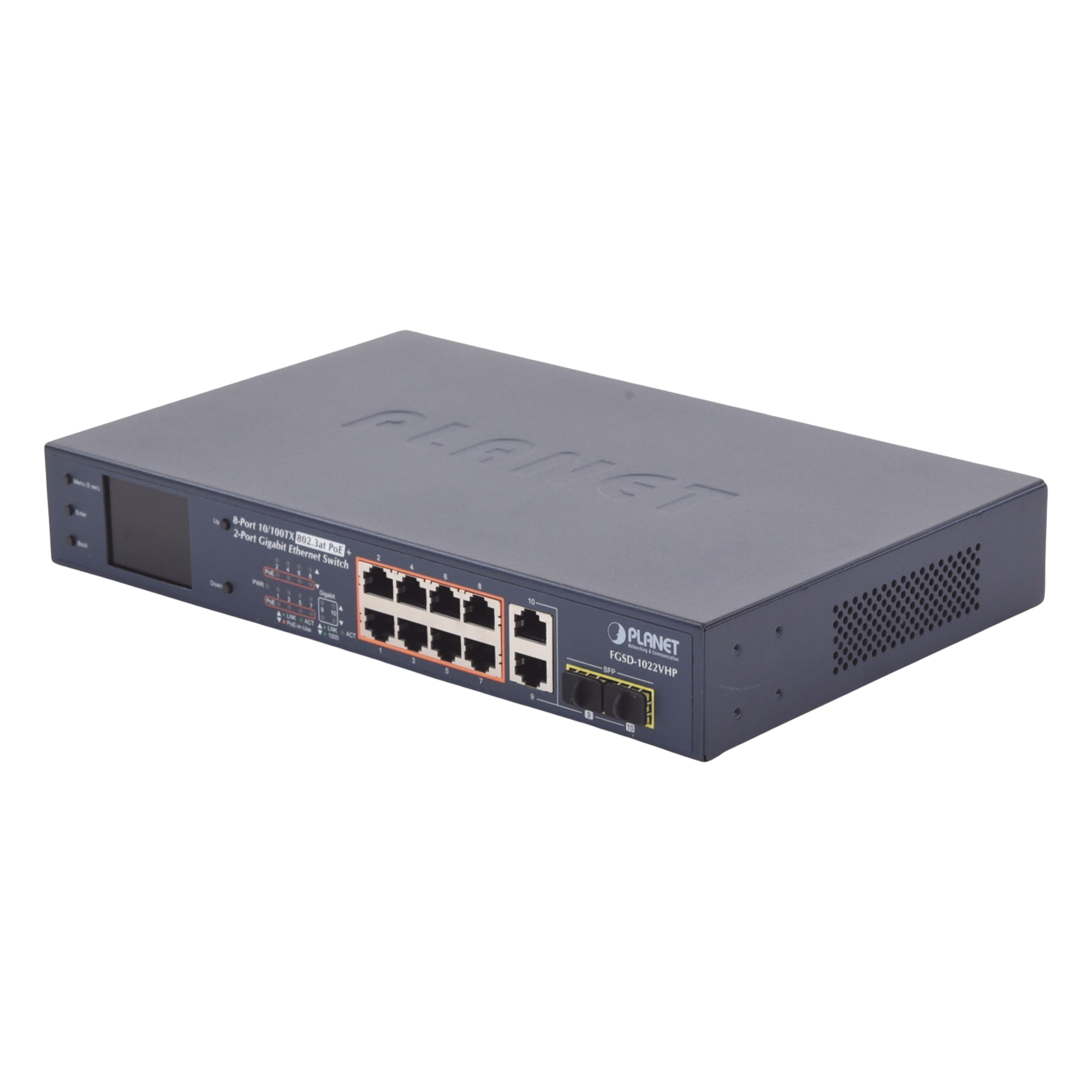Switch PoE+ / 8 Puertos 10/100Mbps / 2 Puertos Gigabit Combo TP/SFP / Alcance 250m (820 pies) / Pantalla LCD / 120W — PLANET · SKU FGSD-1022VHP