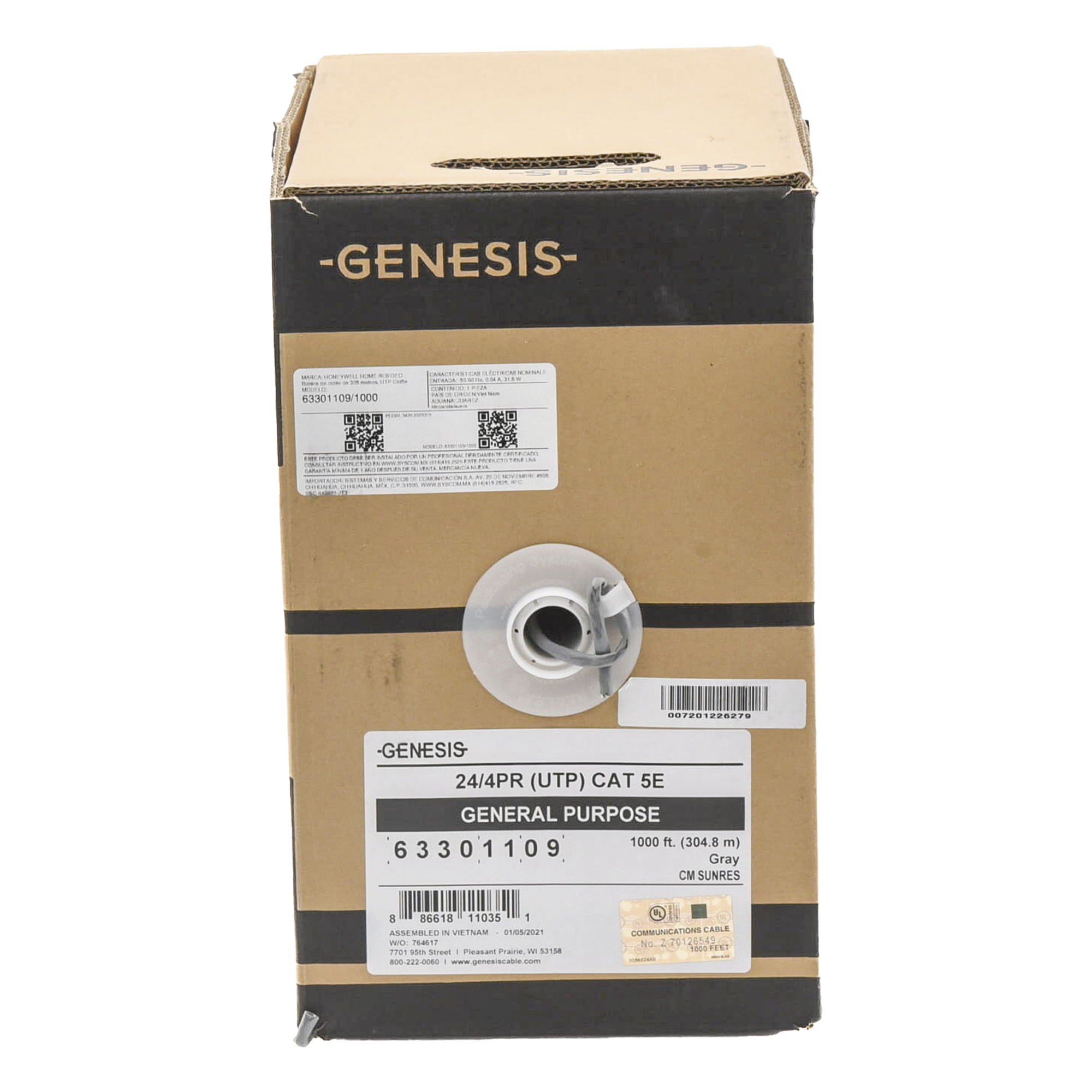 Bobina de Cable UTP Cat5e / 305 m (1000 ft) / Gris / 350 MHz / PVC con UV / -20°C a 75°C