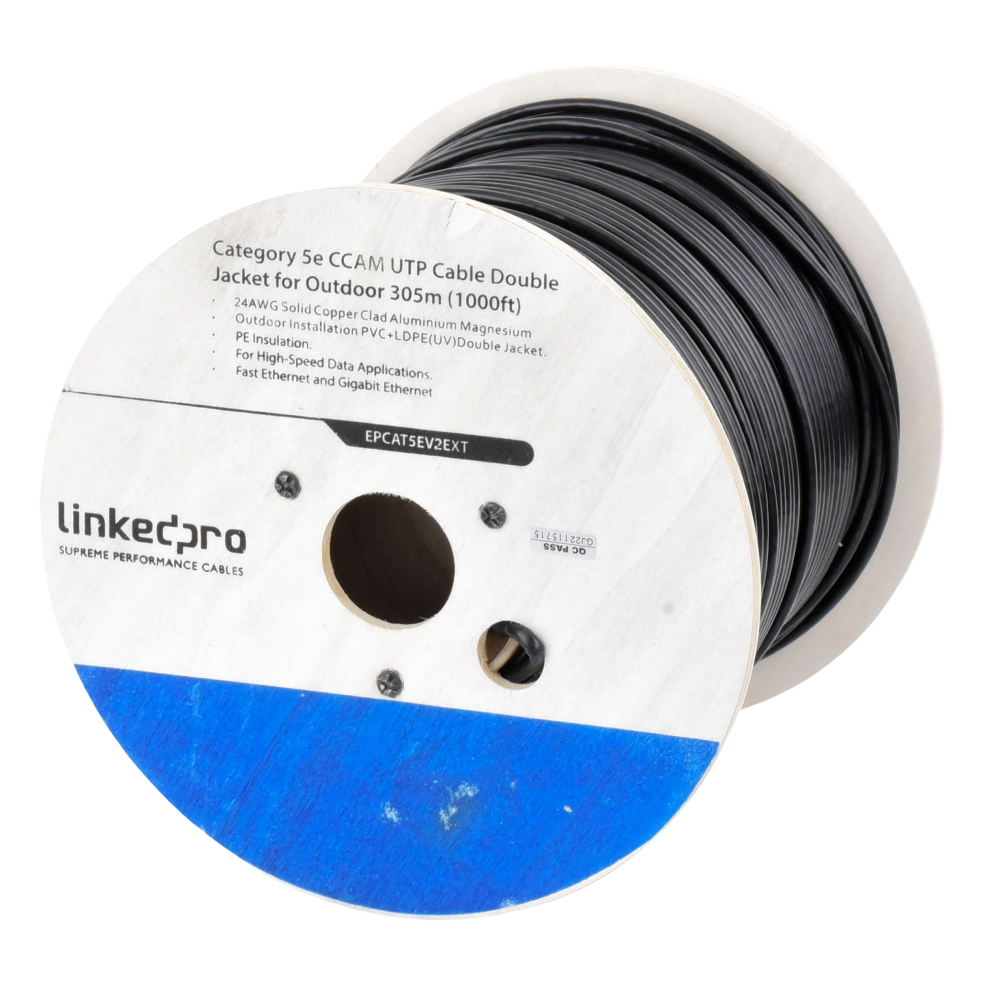 Bobina de Cable UTP / Cat5e / 305 m (1000 ft) / CCA 24 AWG / Doble Forro Intemperie / 100 MHz — LINKEDPRO BY EPCOM · SKU EP-CAT-5E-V2-EXT