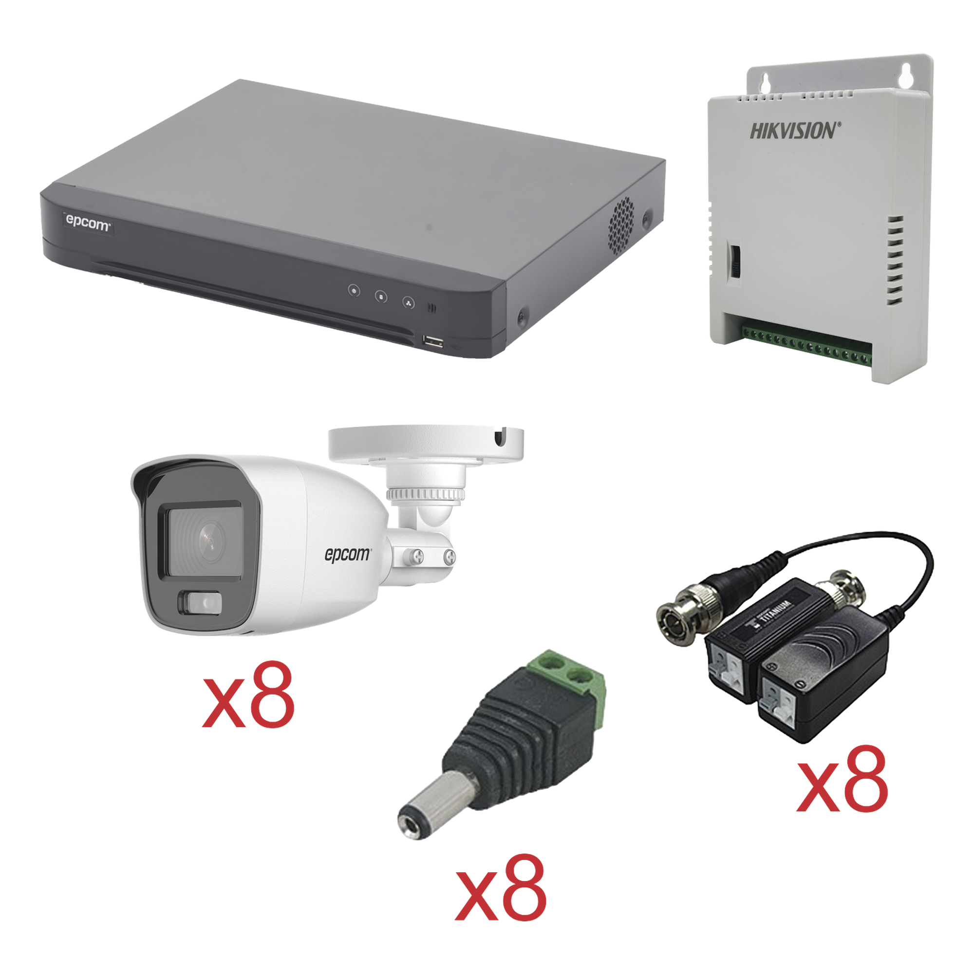 Kit TurboHD con Audio / DVR 8 Canales / 8 Cámaras Bala Exterior / 1080p / Luz Blanca 20 m (65.6 ft) / Audio Coaxitron / Fuente Seleccionable — EPCOM · SKU KEVTX8T8BG/A