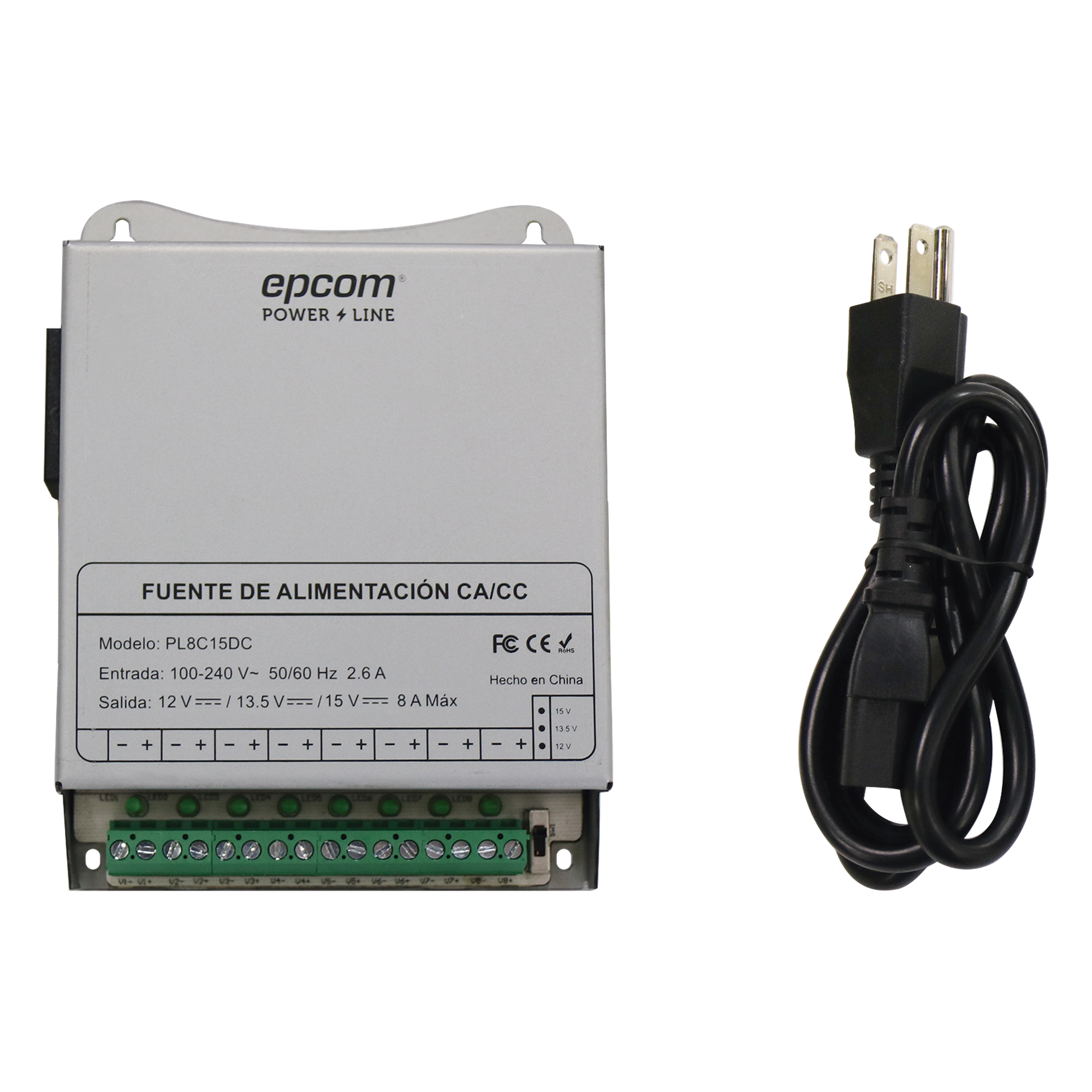 Fuente de Poder Metálica / 8 Canales / 12/13.5/15 Vcc Seleccionables / 8 A / 96 W / Montaje en Pared — EPCOM POWERLINE · SKU PL-8C-15DC