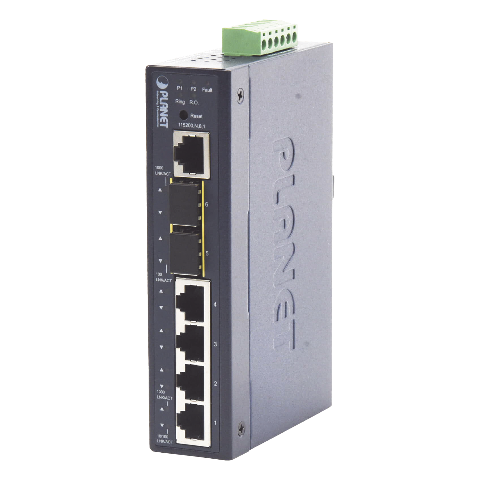 Switch Industrial Administrable Capa 2 / 4 Puertos RJ45 Gigabit / 2 Puertos SFP 1G/2.5G / IP30 / -40 a 75°C / Riel DIN / 1.05 x 2.85 x 4.43 pulgadas — PLANET · SKU IGS-5225-4T2S