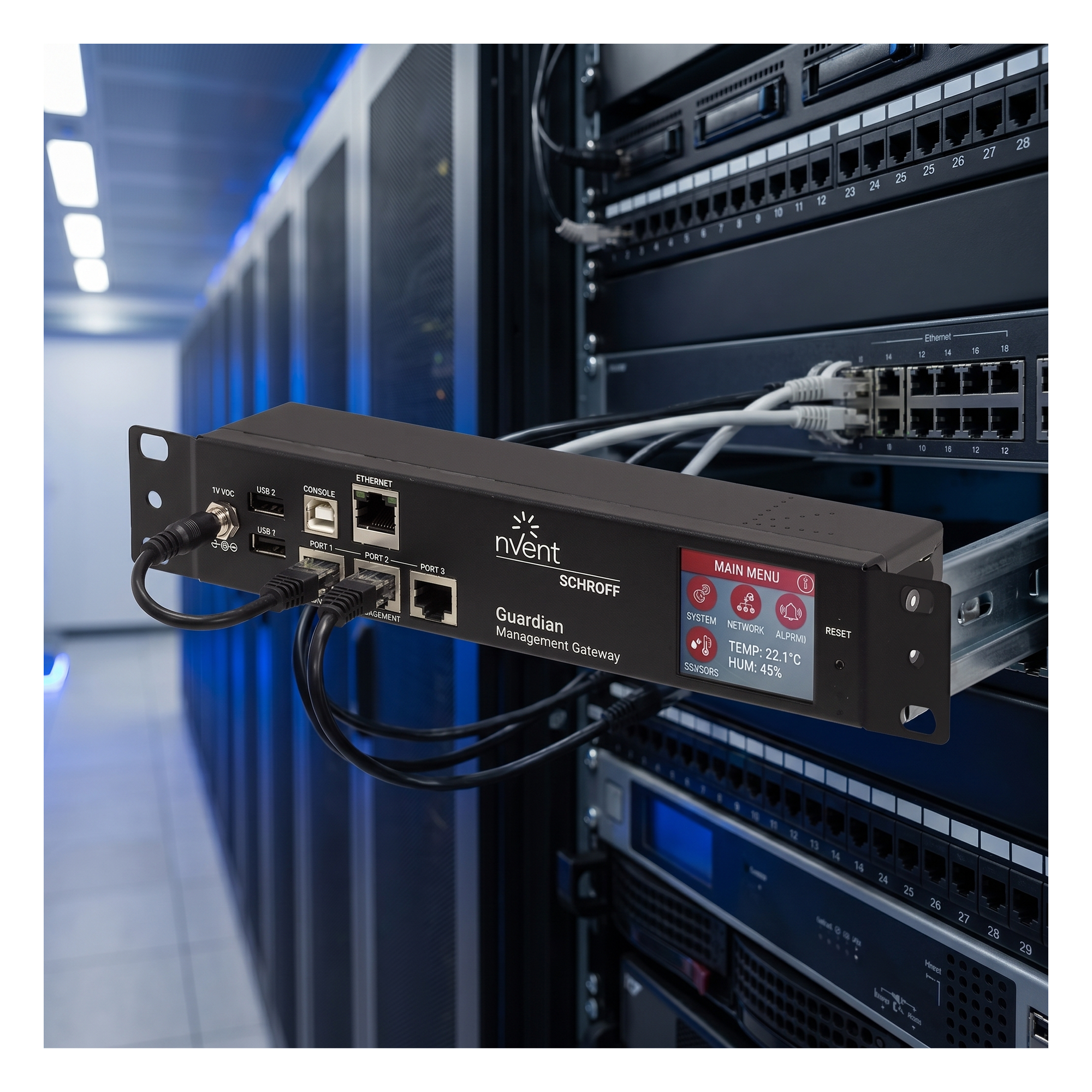 Gateway de Gestión Ambiental / 1U Rack / 48 Sensores / 3 Puertos RJ45 / Alcance 40 m (131.2 ft) / LCD Táctil / SNMP BACnet Modbus/TCP