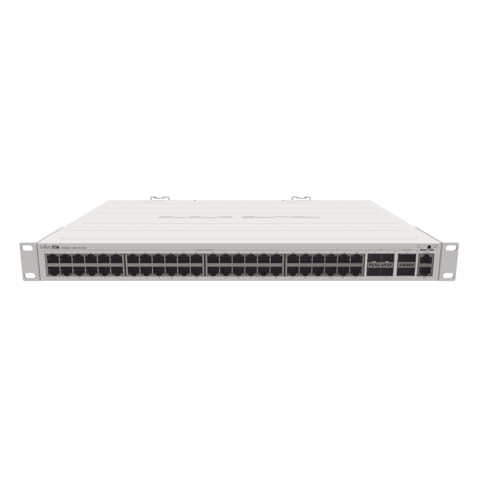 Switch / 48 Puertos Gigabit RJ45 / 4 SFP+ 10G / 2 QSFP+ 40G / Rackmount / 168 Gbps Non-Blocking / 336 Gbps Switching Capacity — MIKROTIK · SKU CRS354-48G-4S+2Q+RM