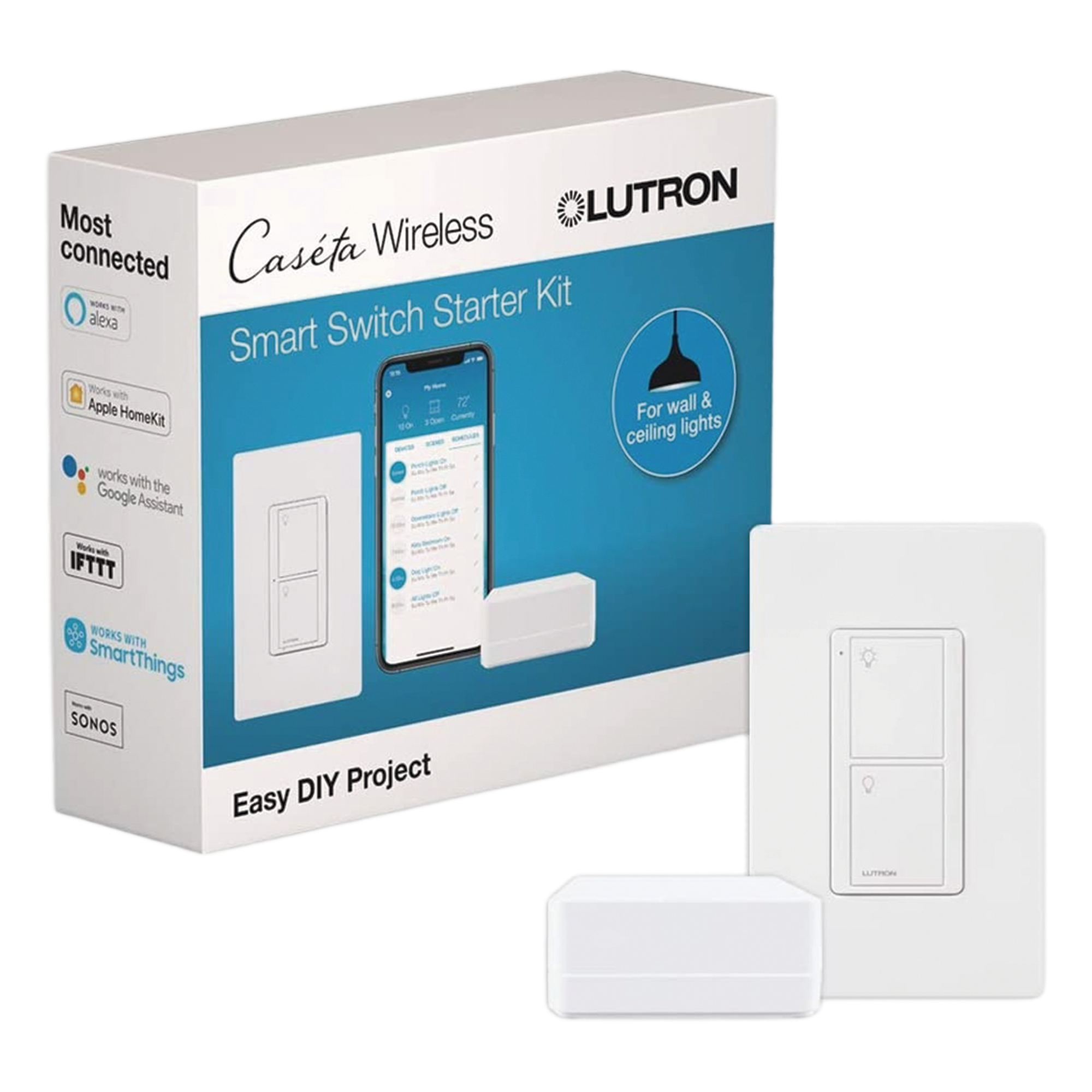 Kit de Inicio para Iluminación Inteligente / Hub Smart Bridge / Interruptor On/Off 5 A / Control por App y Asistentes de Voz / Requiere Neutro — LUTRON CASETA WIRELESS · SKU PBDGPKG1WS