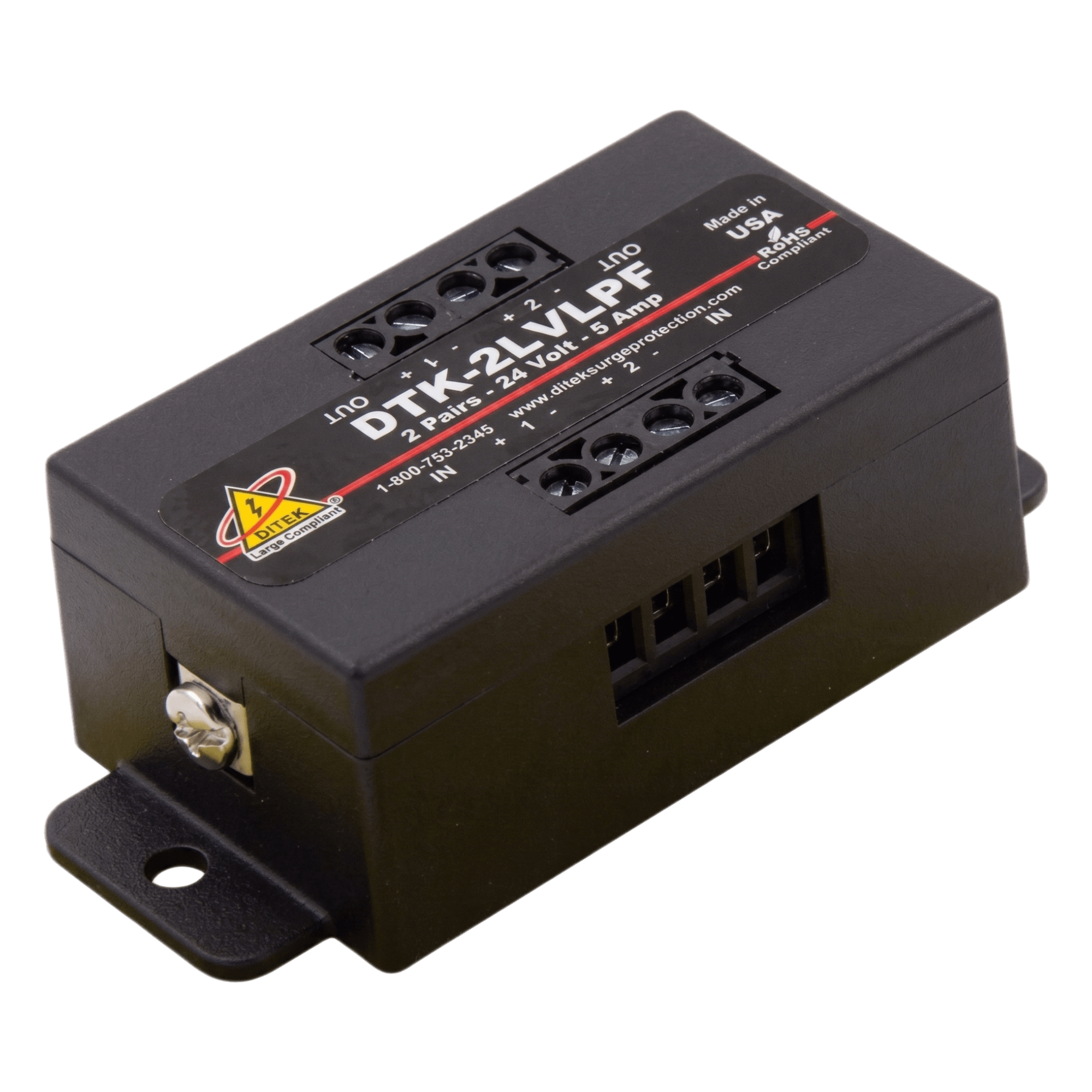 Protector Bajo Voltaje / 2 Pares / 24V / 47V Sujeción / -40 a 70°C / 0.25 x 0.13 x 0.13 ft / UL497B / Paneles Incendio Direccionables — DITEK · SKU DTK2LVLPF
