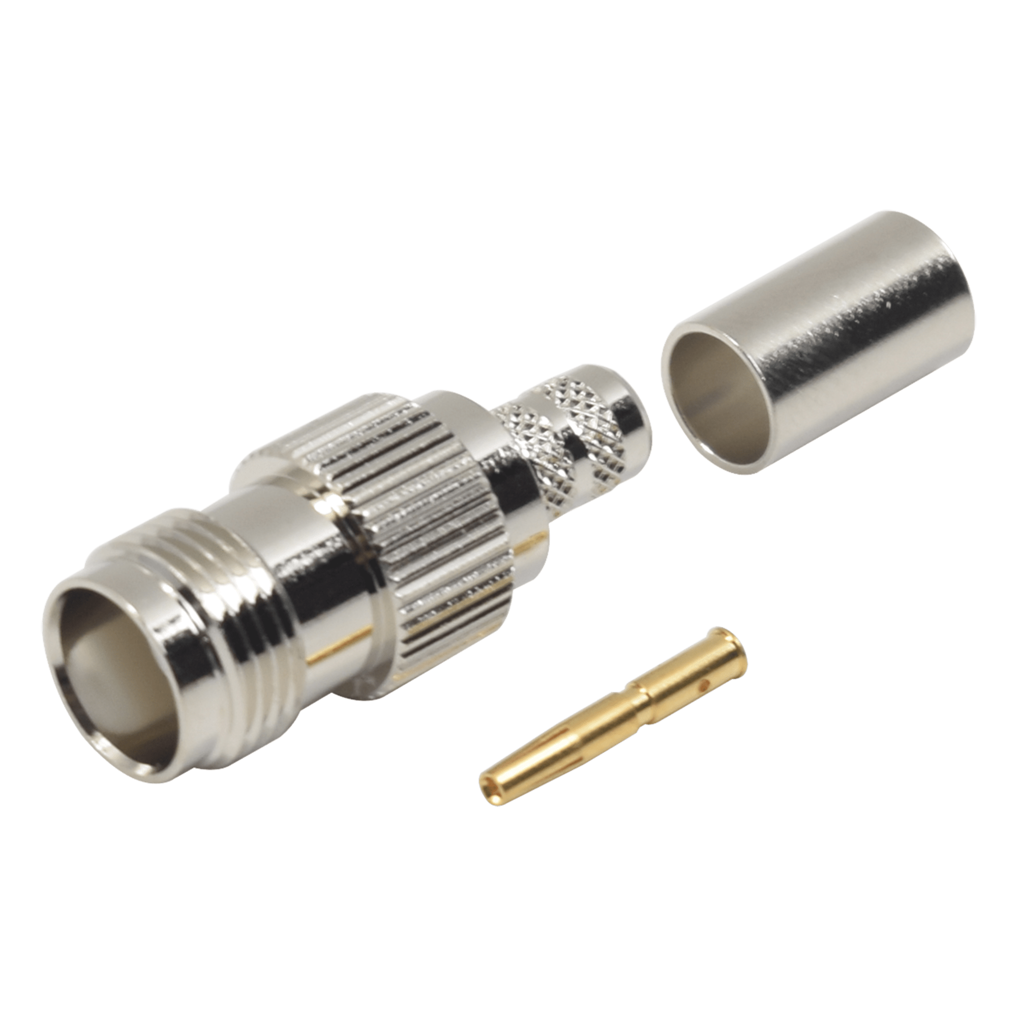 Conector TNC Hembra de Anillo Plegable para Cables RG-8/X, LMR-240, Grupo X, Níquel/ Oro/ Delrin. — RF INDUSTRIES,LTD · SKU RFT-1217-X