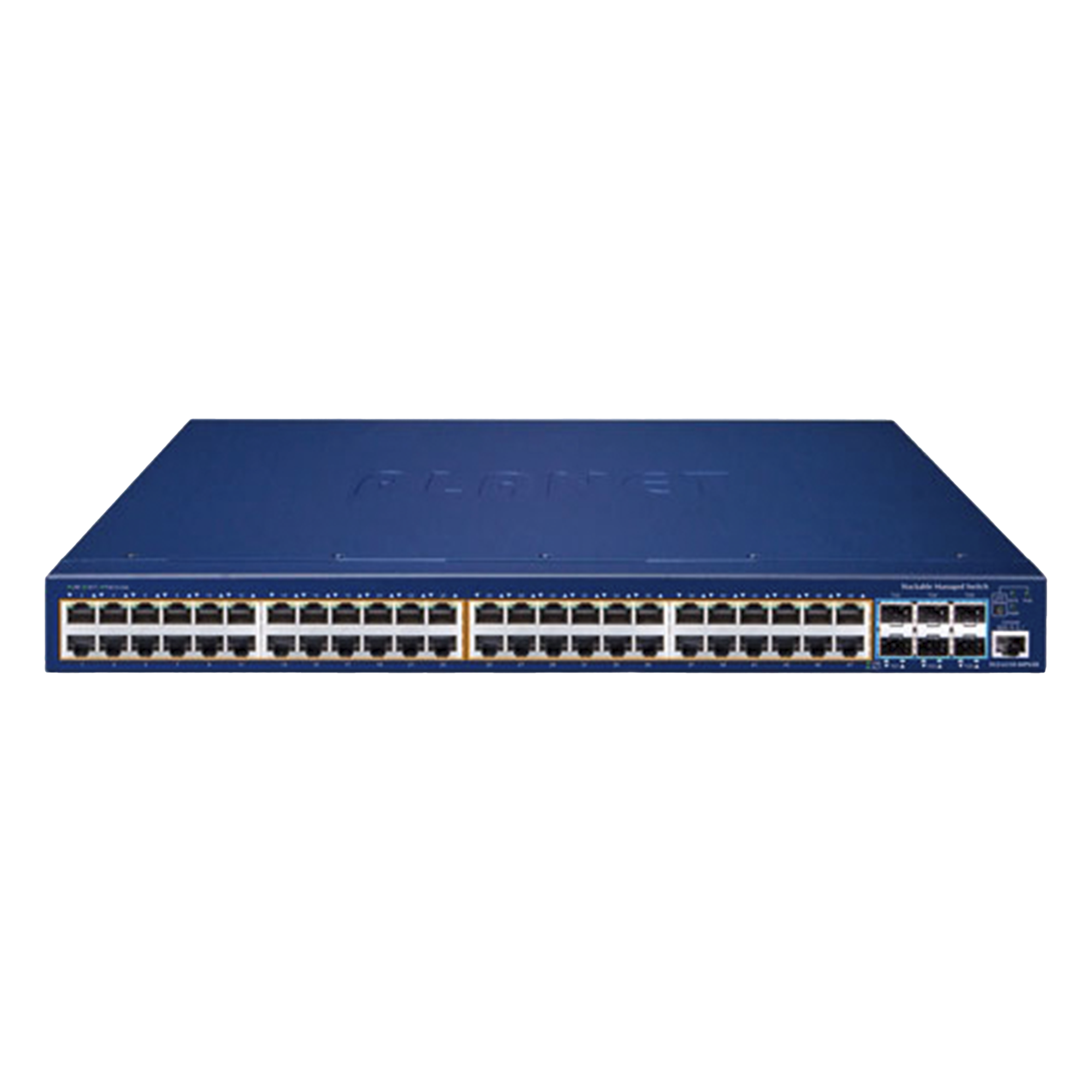 Switch Administrable Capa 3 / 48 Puertos PoE+ 802.3at / 6 Puertos SFP+ 10G / Stacking / 740W PoE / 216 Gbps Backplane — PLANET · SKU SGS-6310-48P6XR