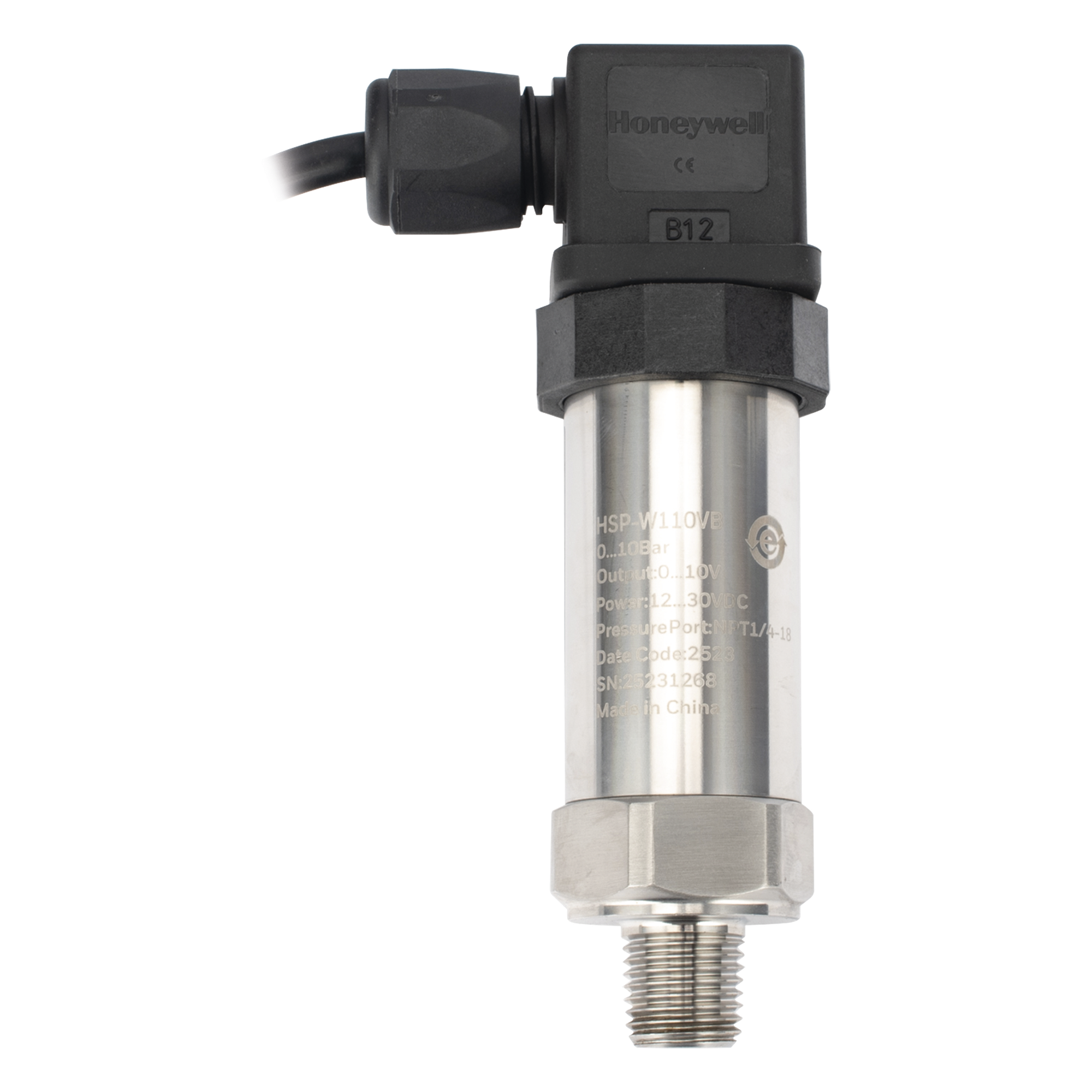 Sensor de Presión Industrial / Rango 0 a 10 bar / Salida Analógica 0-10 V / Conexión NPT / IP65 — HONEYWELL BMS · SKU HSP-W110VB