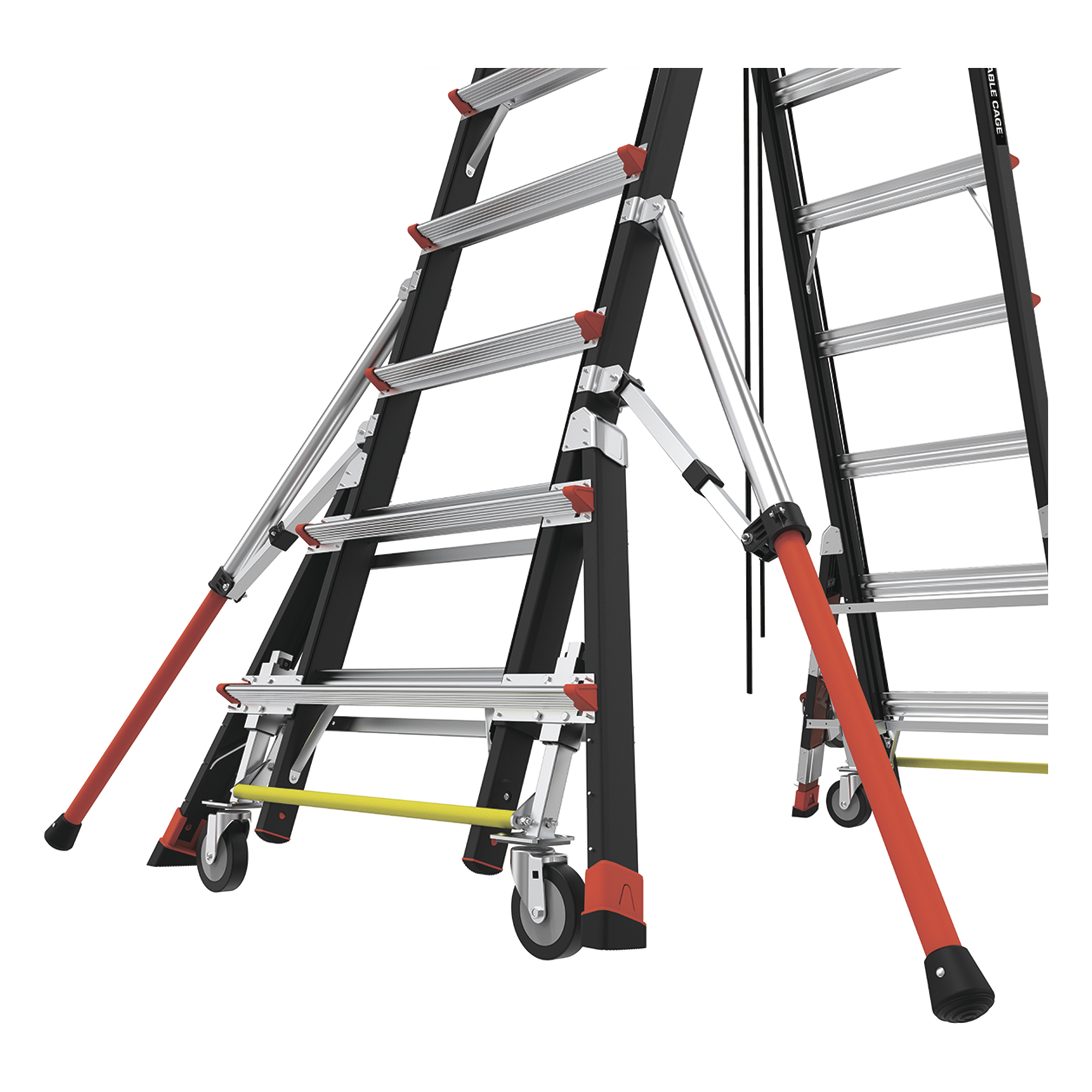 Escalera de Fibra de Vidrio  con Jaula de 8'-14' (2.44 - 4.27 m). Con Ajuste en Ruedas (RATCHET™ Leveler) (SKU:18515-817).