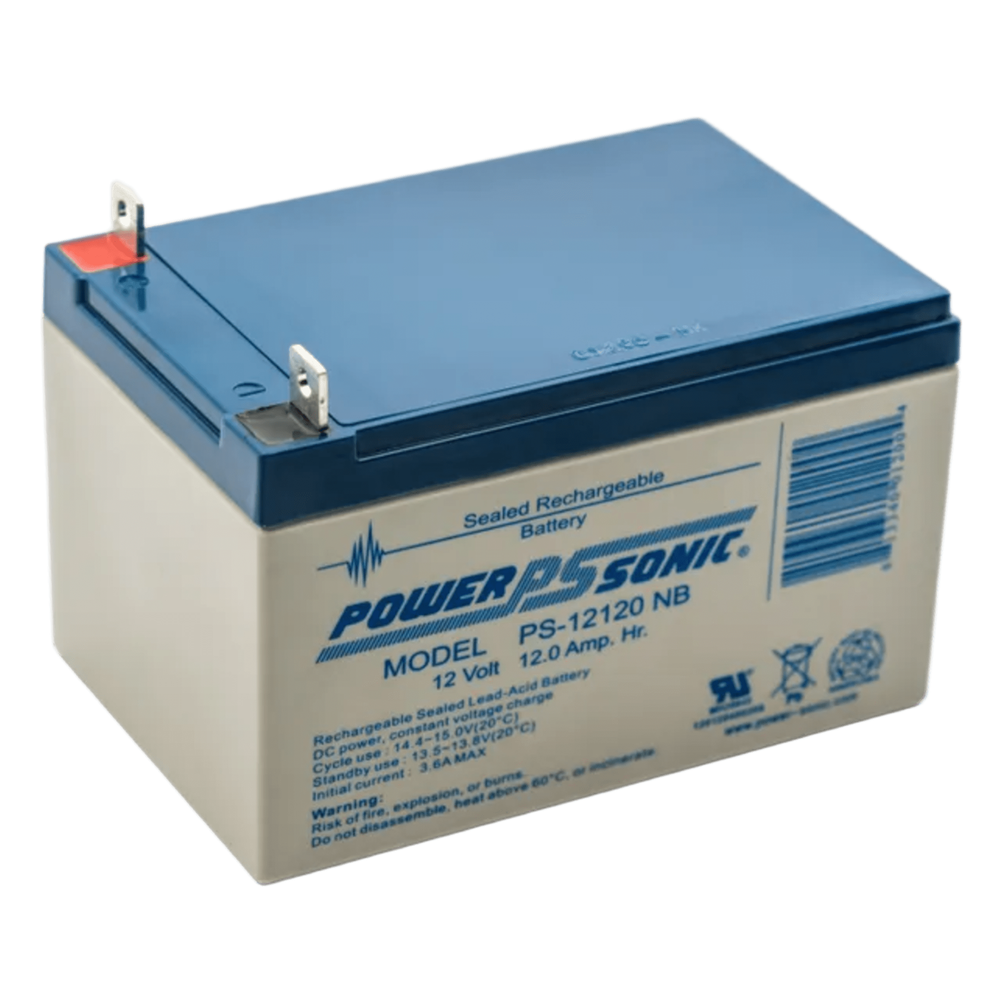Batería de Respaldo AGM/VRLA / 12V / 12Ah / Terminales NB1 / 5 Años Vida Útil / Sin Mantenimiento / Operación Multiorientación — POWER SONIC · SKU PS-12120-NB1
