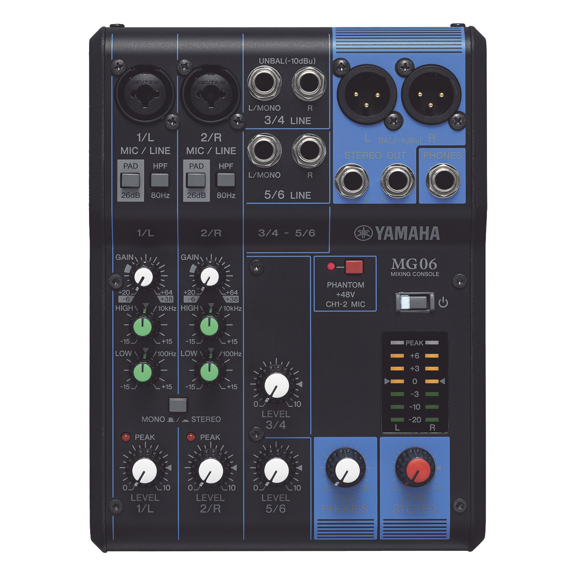 Mezcladora de Audio / 6 Canales / 2 Entradas de Micrófono / 6 Entradas de Línea / Phantom +48 V / Chasis Metálico Compacto