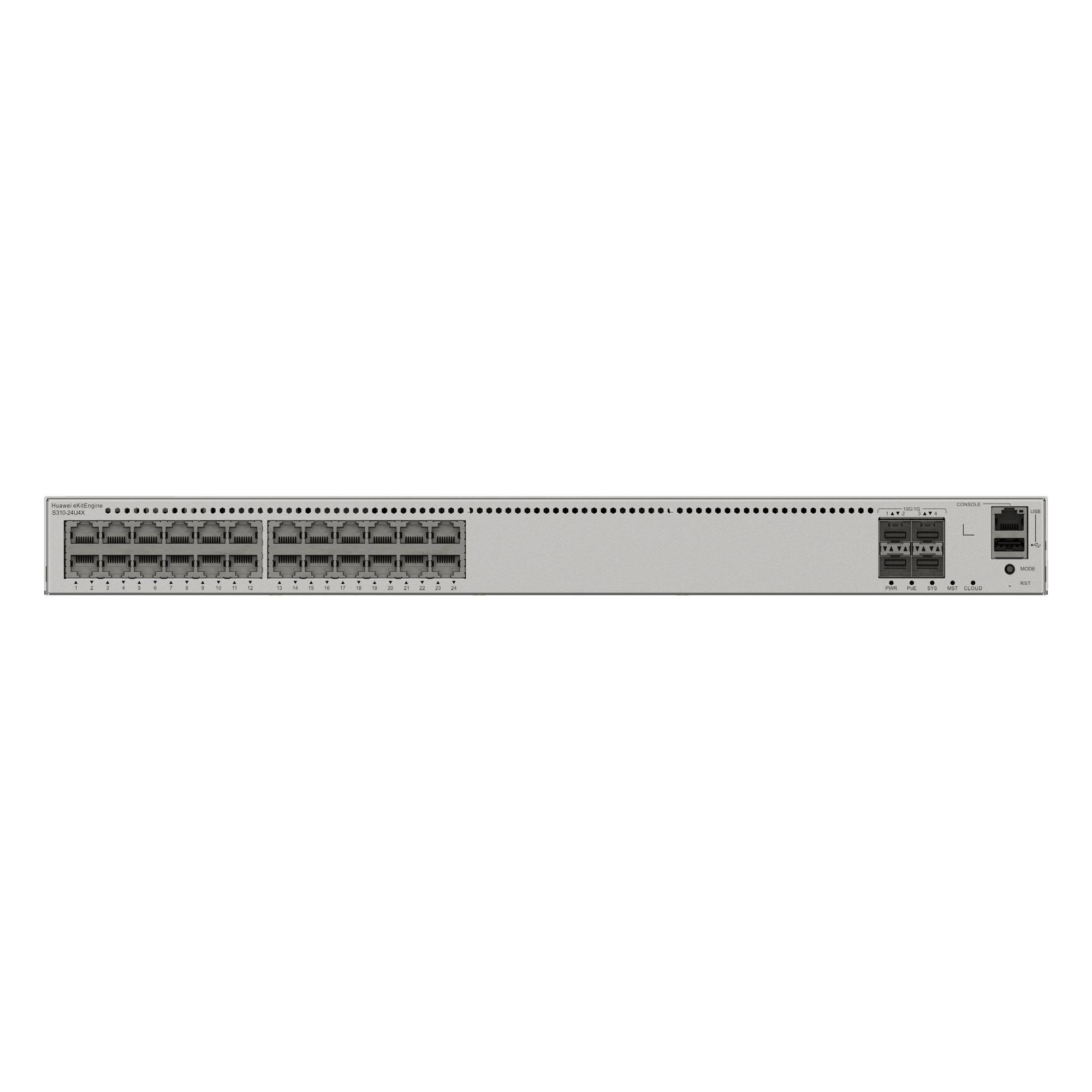 Switch Administrable Capa 3 / 24 Puertos Gigabit PoE++ / 4 Puertos SFP+ 10 Gbps / PoE Budget 2,268 W / iStack / Gestión en Nube Gratuita — HUAWEI · SKU S310-24U4X