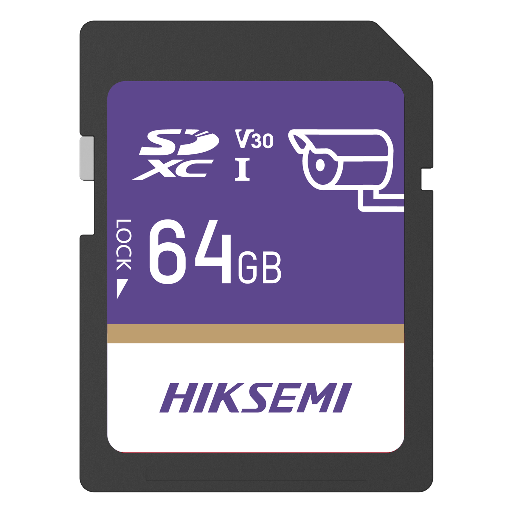 Tarjeta SD / 64 GB / Lectura 100 MB/s / Escritura 90 MB/s / Clase 10 U3 V30 / 3D TLC NAND / -25°C a 85°C (-13°F a 185°F) / Videovigilancia 24/7 — HIKSEMI by HIKVISION · SKU HS-SD-P10/64G/GUARDPRO
