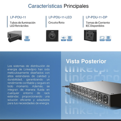 PDU para Distribución de Energía, Montaje en Rack, 11 salidas, Instalación Horizontal, de 19in, 1U, 15 Amp, 120 Vca, Con Indicador Led Y Display 