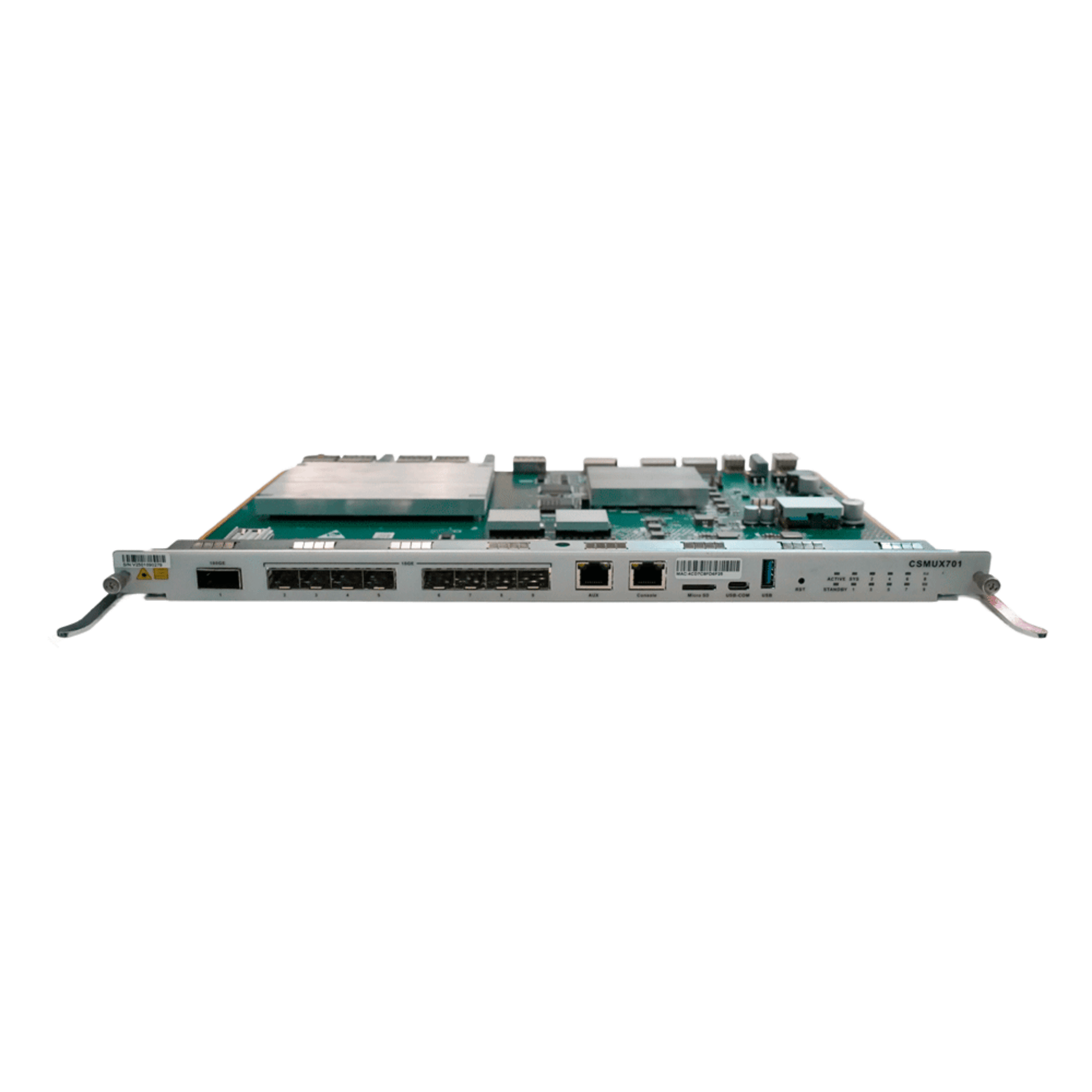 Tarjeta de Control y Uplink / 8 Puertos SFP+ 1/10G / 1 Puerto QSFP28 40/50/100G / Puerto AUX Out-Band / Slot 5-6 — V-SOL · SKU CSMUX701