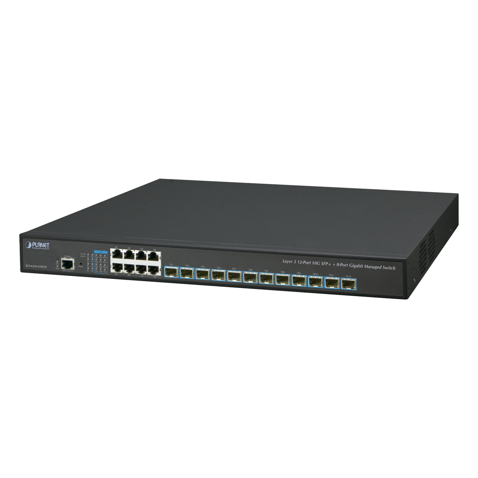 Switch Capa 3 Administrable / 12 Puertos SFP+ 10G / 8 Puertos Gigabit / Conmutación 256 Gbps / Fuente de Alimentación Redundante AC — PLANET · SKU XGS-6350-12X8TR