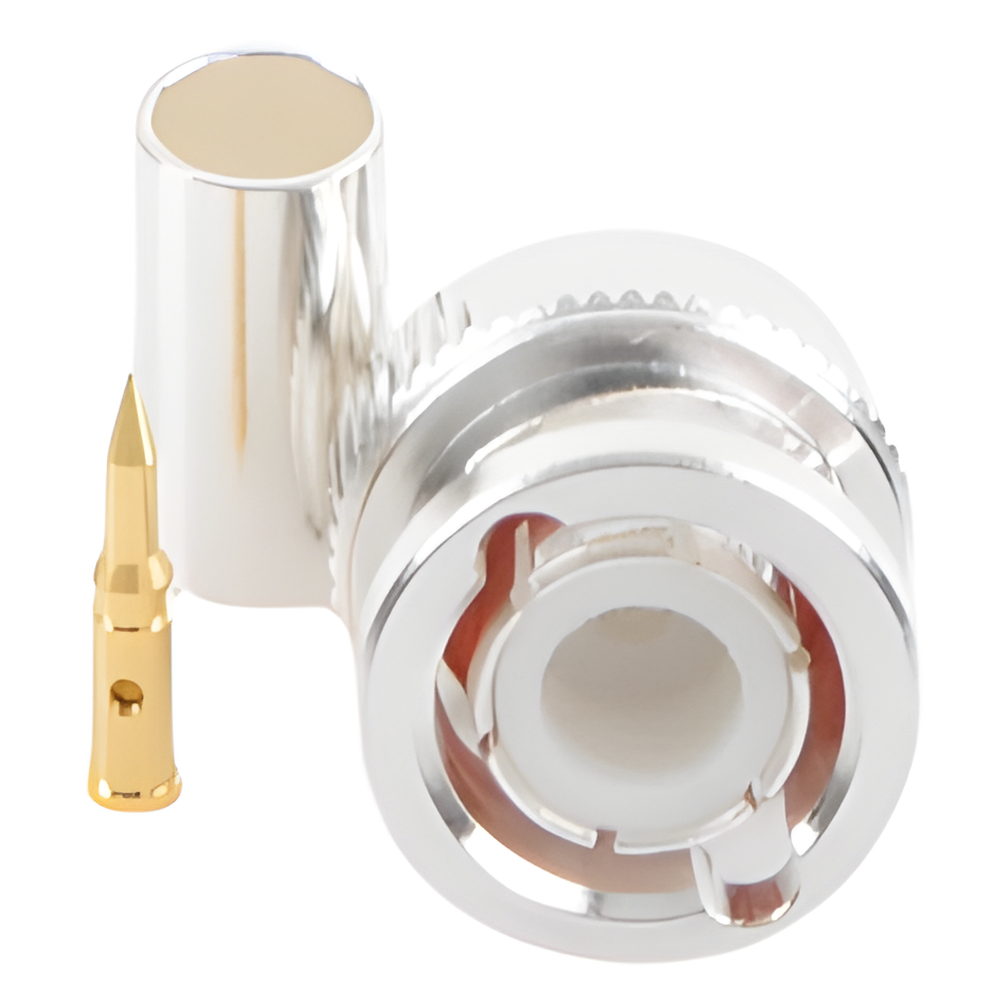 Conector Coaxial BNC Macho / Anillo Plegable / Cuerpo Bronce Plateado / Contacto Oro / Aislante Teflón / Cables RG-58/U, RG-142/U, LMR-195