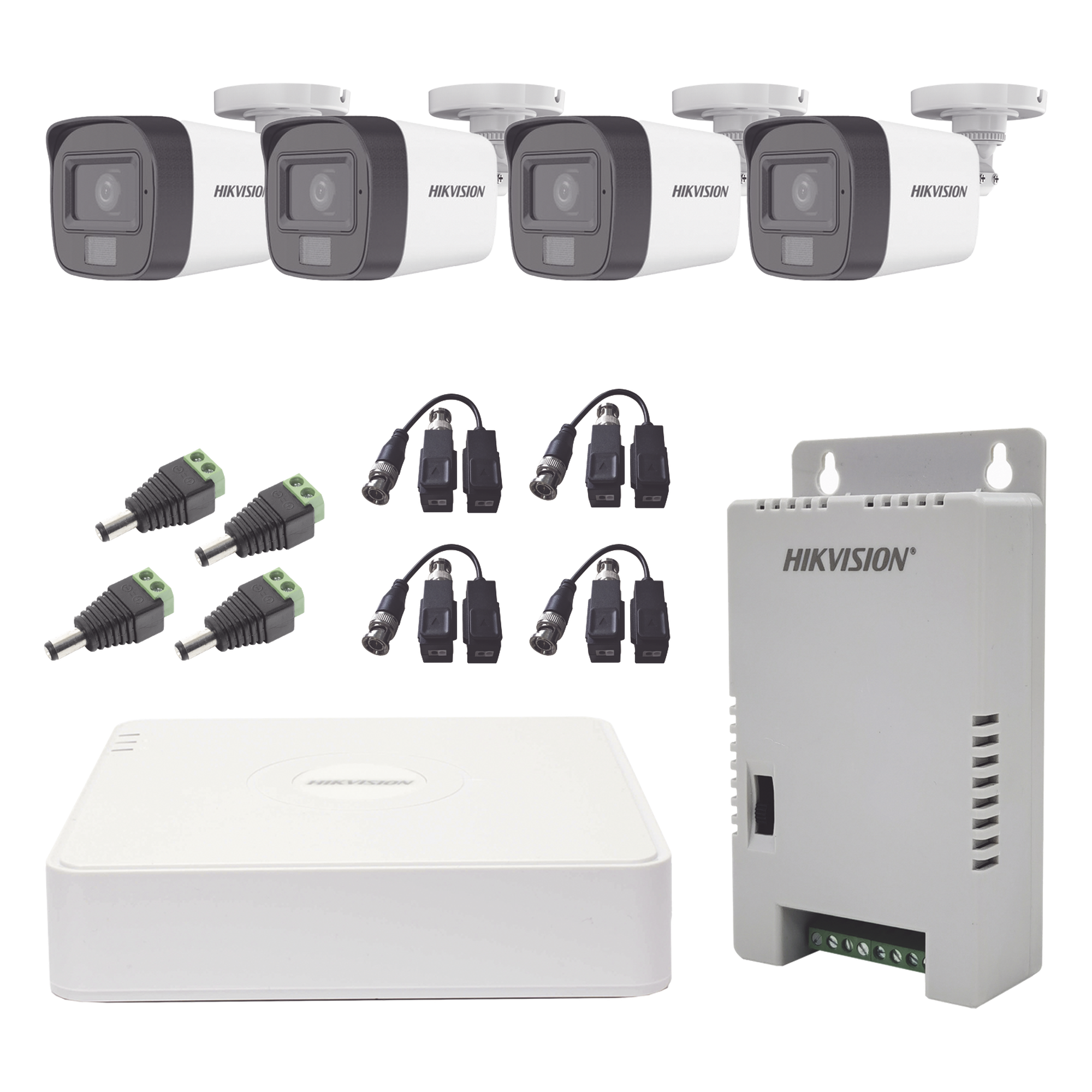 Kit de Videovigilancia TURBOHD / DVR 4 Canales Pentahíbrido / 4 Cámaras Bala 1080p / Audio por Coaxitron / Luz Dual 20 m (65.6 ft) Blanca + 30 m (98.4 ft) IR / IP67 / Fuente 12V/13.5V/15V Seleccionable — HIKVISION · SKU KH1080P4BSFH