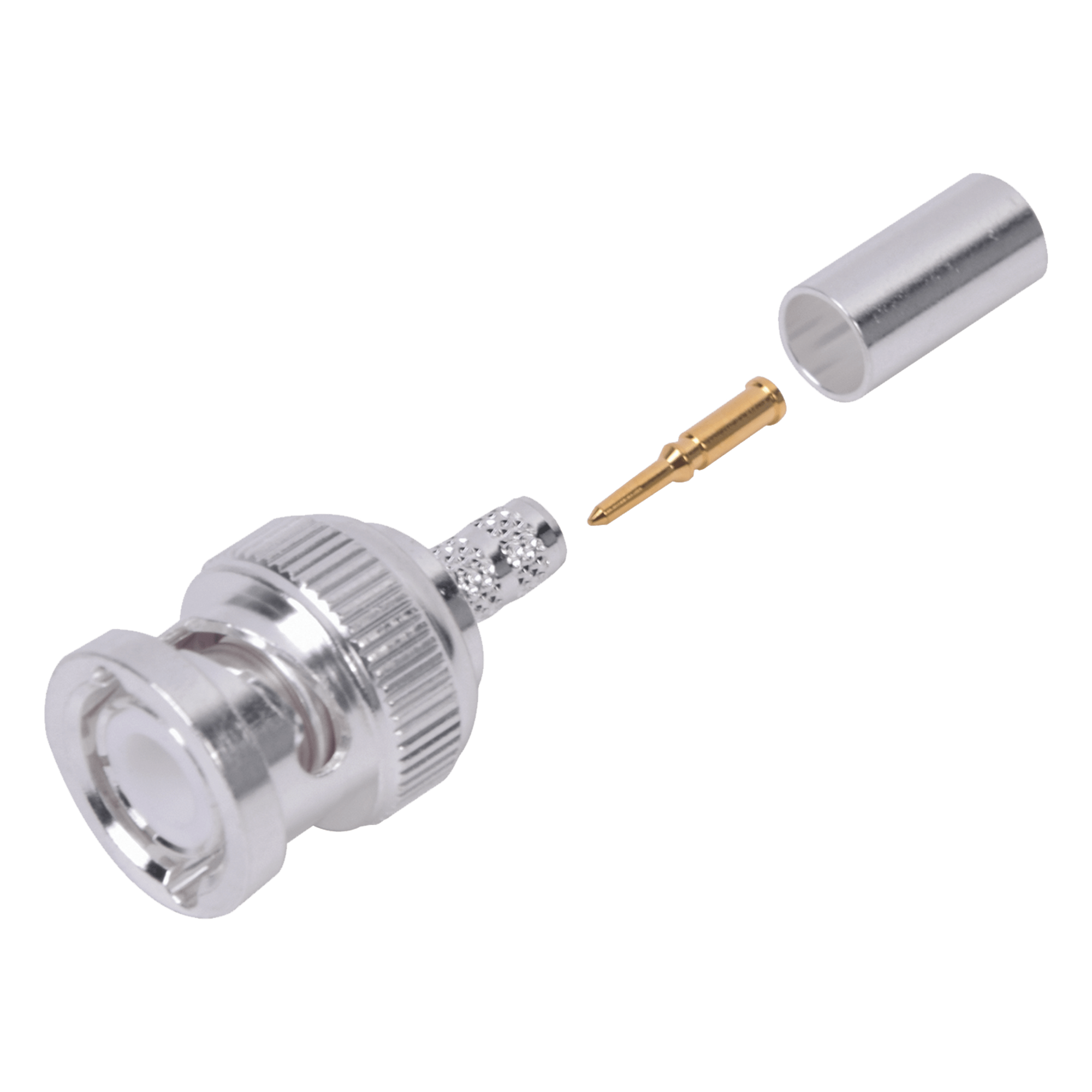 Conector Coaxial BNC Macho / Anillo Plegable / Cuerpo Bronce Plateado / Contacto Oro / Aislante Teflón / Cables RG-58/U, RG-142/U, LMR-195 — RF INDUSTRIES,LTD · SKU RFB-1106-2ST