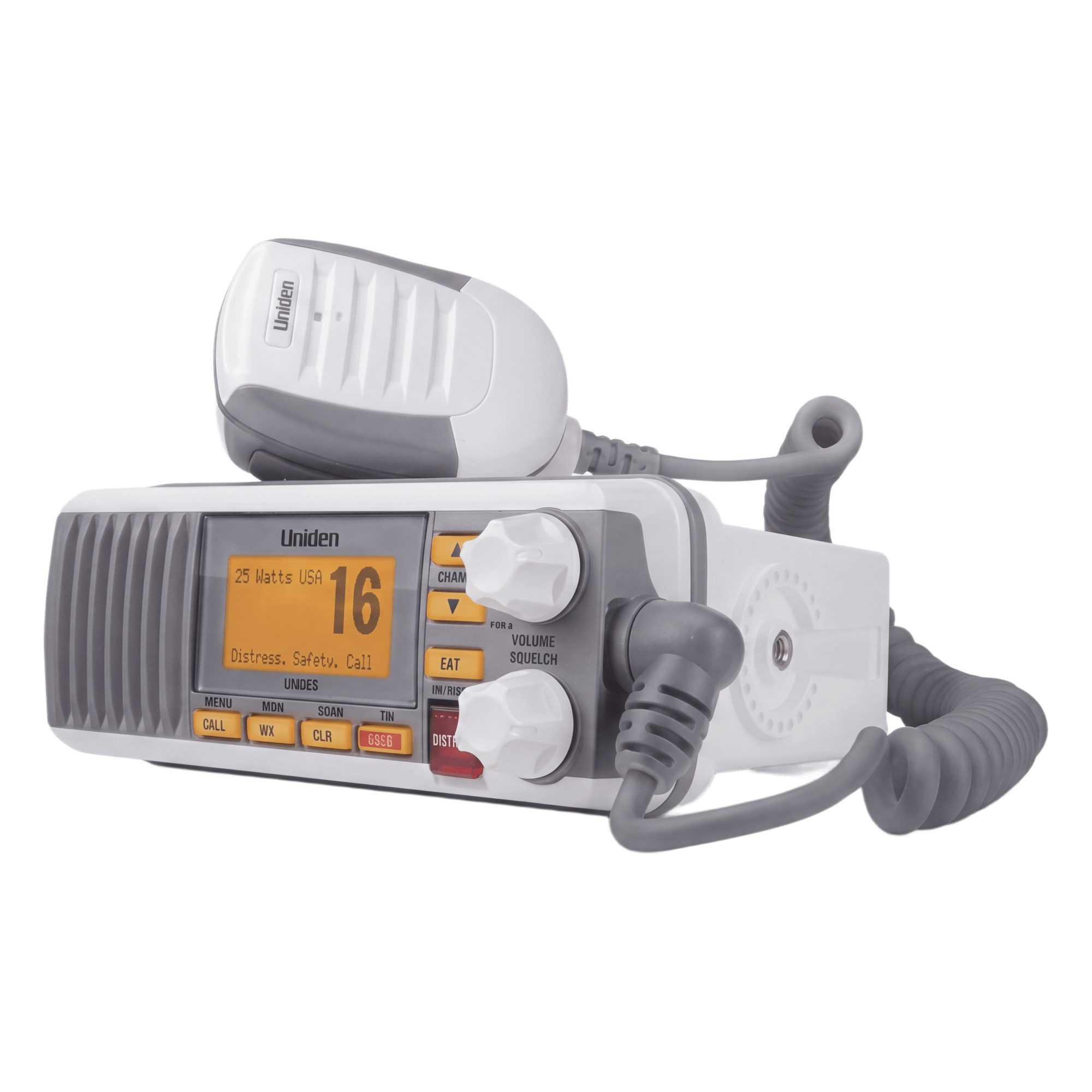 Radio Móvil Marina VHF / 25W / 1W Seleccionables / DSC Clase D con GPS / IPX4 / Monitoreo Triple Canal / Pantalla LCD / Blanco — UNIDEN · SKU UM-385