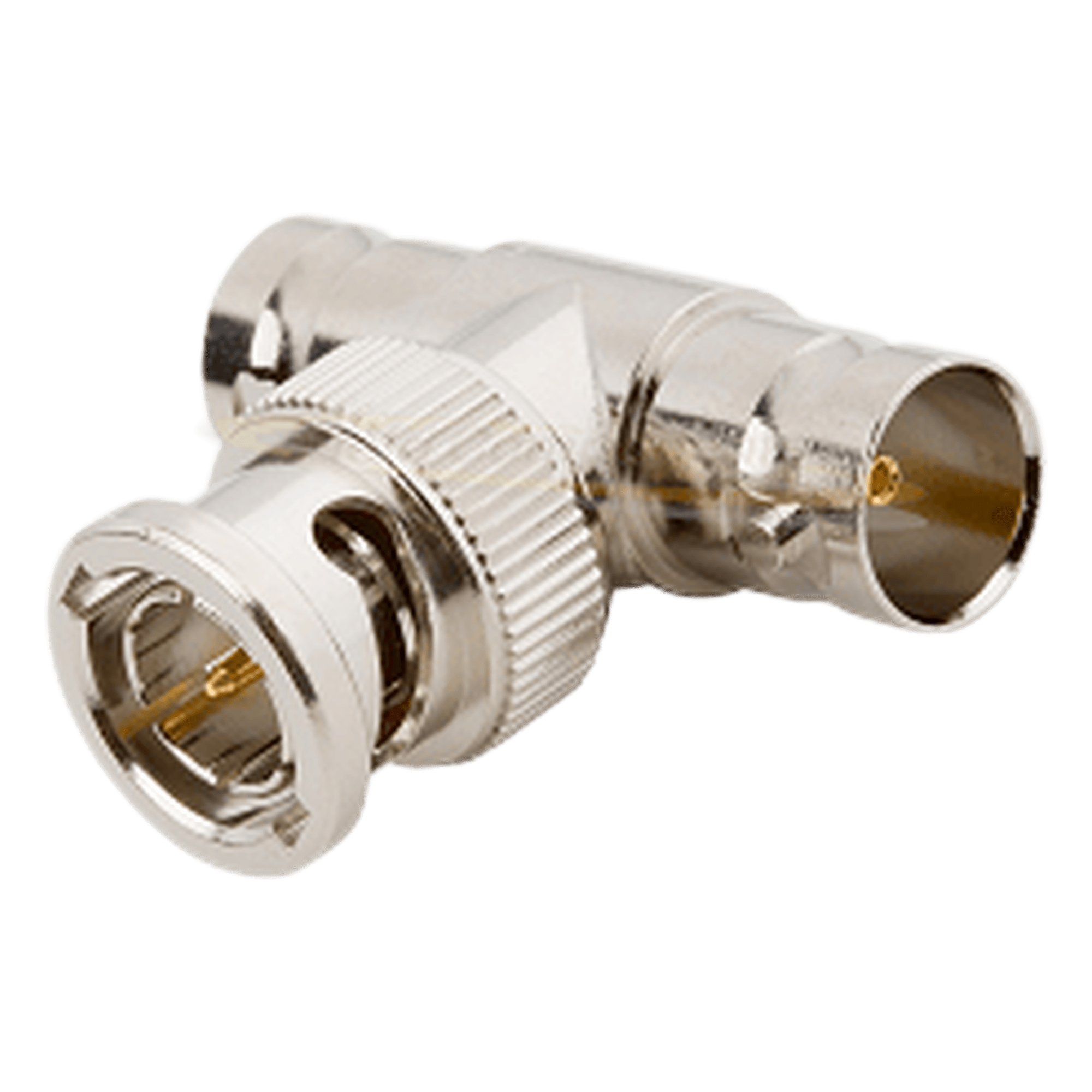 Adaptador RF en T / BNC Macho a Doble BNC Hembra / 50 Ohm / Cuerpo Troquelado Niquelado / Contacto Oro / Aislante Delrin — RF INDUSTRIES,LTD · SKU RFB-1130-1