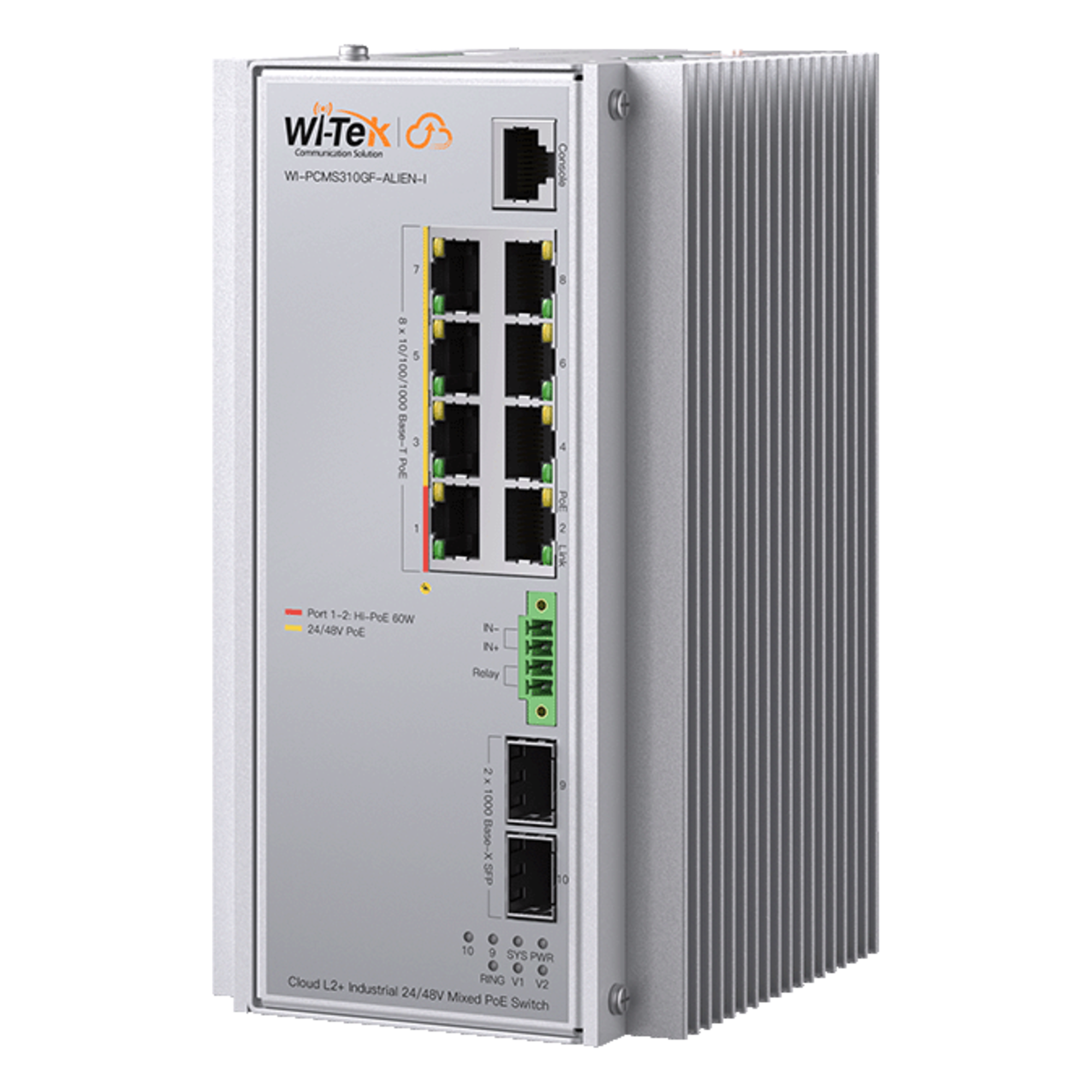 Switch Industrial Administrable / 8 Puertos PoE Gigabit / 2 SFP / 240 W / -40 a 80 °C / 6 kV Protección — WI-TEK · SKU WI-PCMS310GF-ALIEN-I