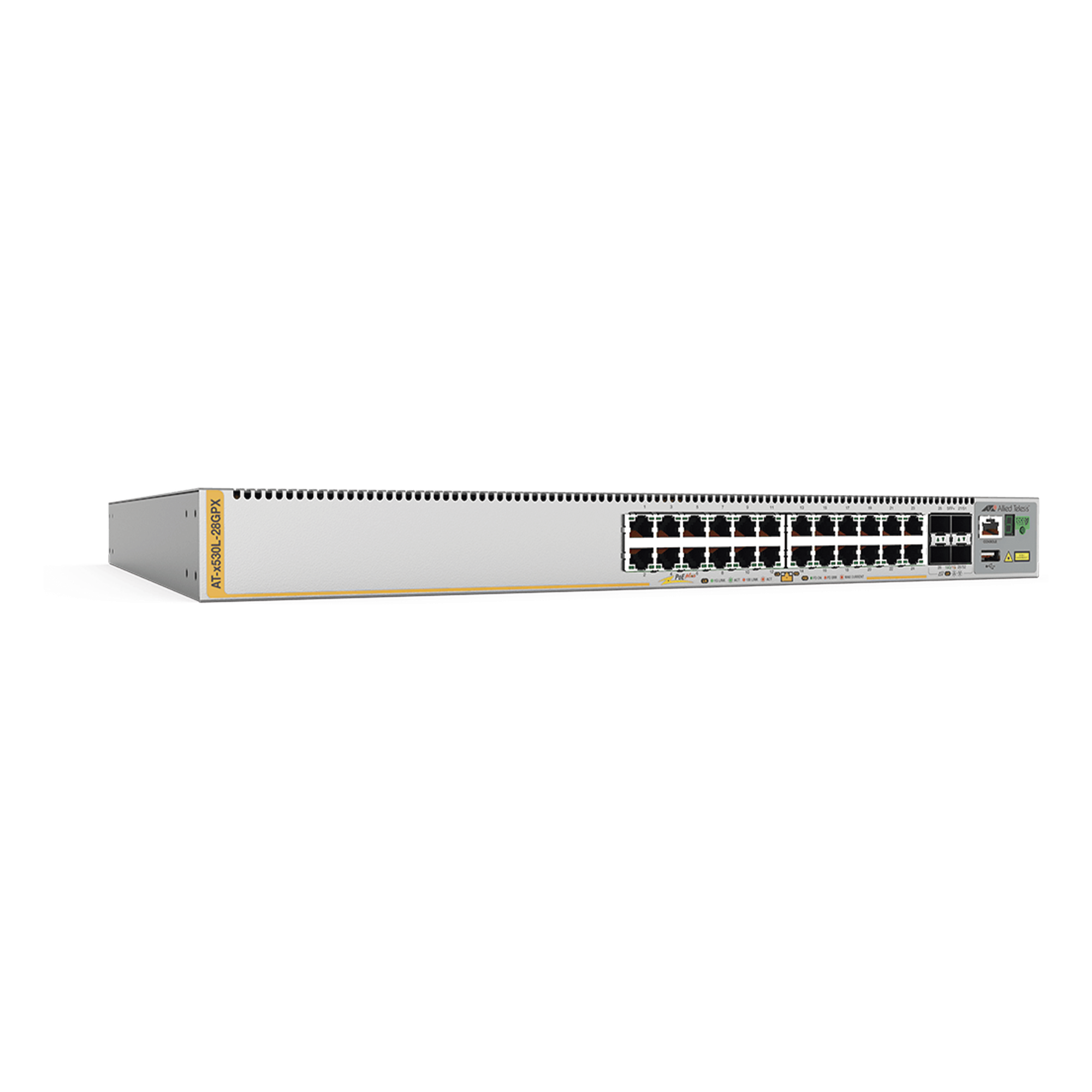 Switch / Capa 3 / 24 puertos Gbps / 4 puertos SFP+ 10G / PoE+ 740W / Stacking 8 unidades / Doble PSU redundante — ALLIED TELESIS · SKU AT-X530L-28GPX-10