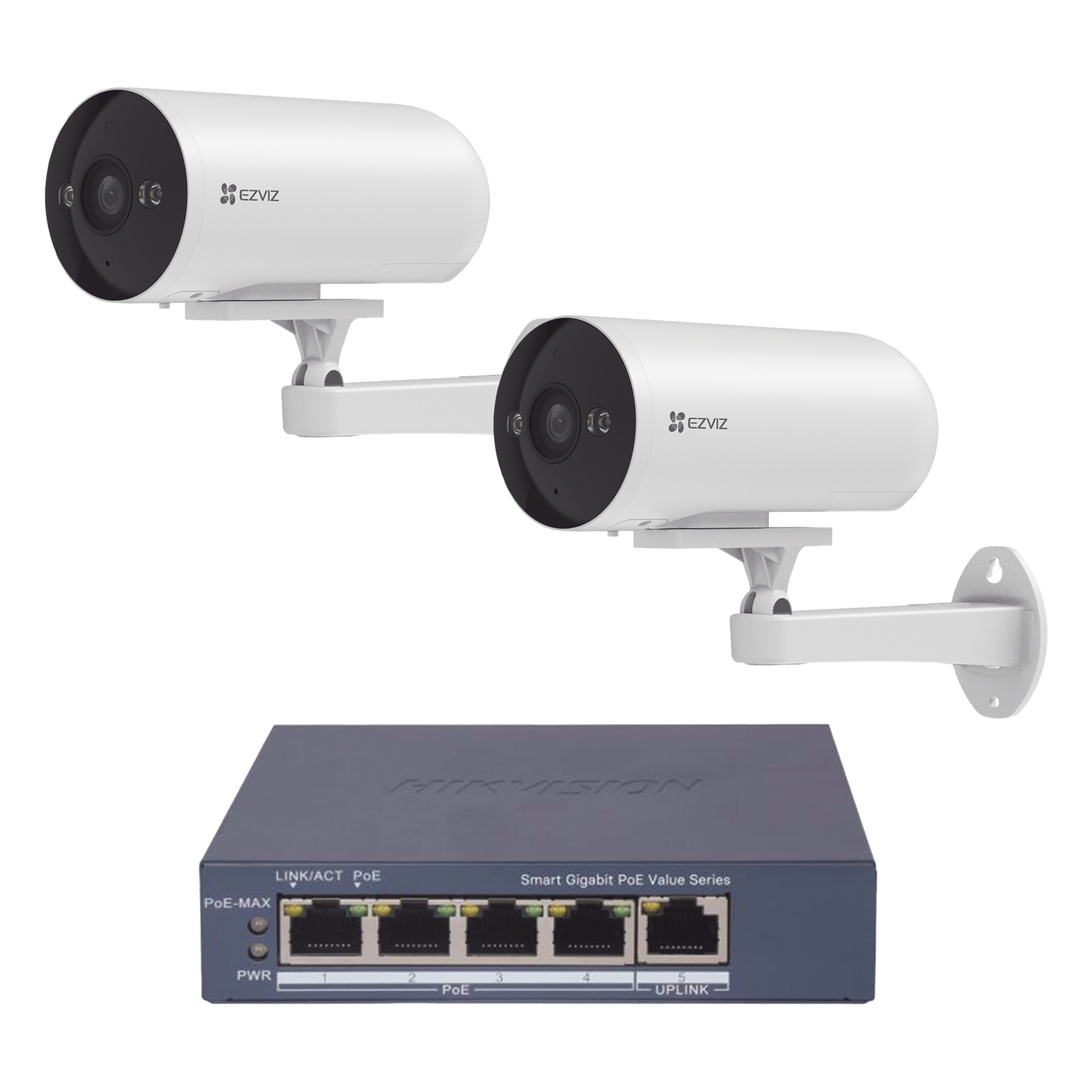 Kit de Videovigilancia PoE / 2 Cámaras IP 3 Megapixel / Switch 4 Puertos PoE+ Gigabit / Visión Nocturna a Color / IP67 / Audio Bidireccional / Luz y Sirena — EZVIZ · SKU CS-H5/3MP/POE/KS2