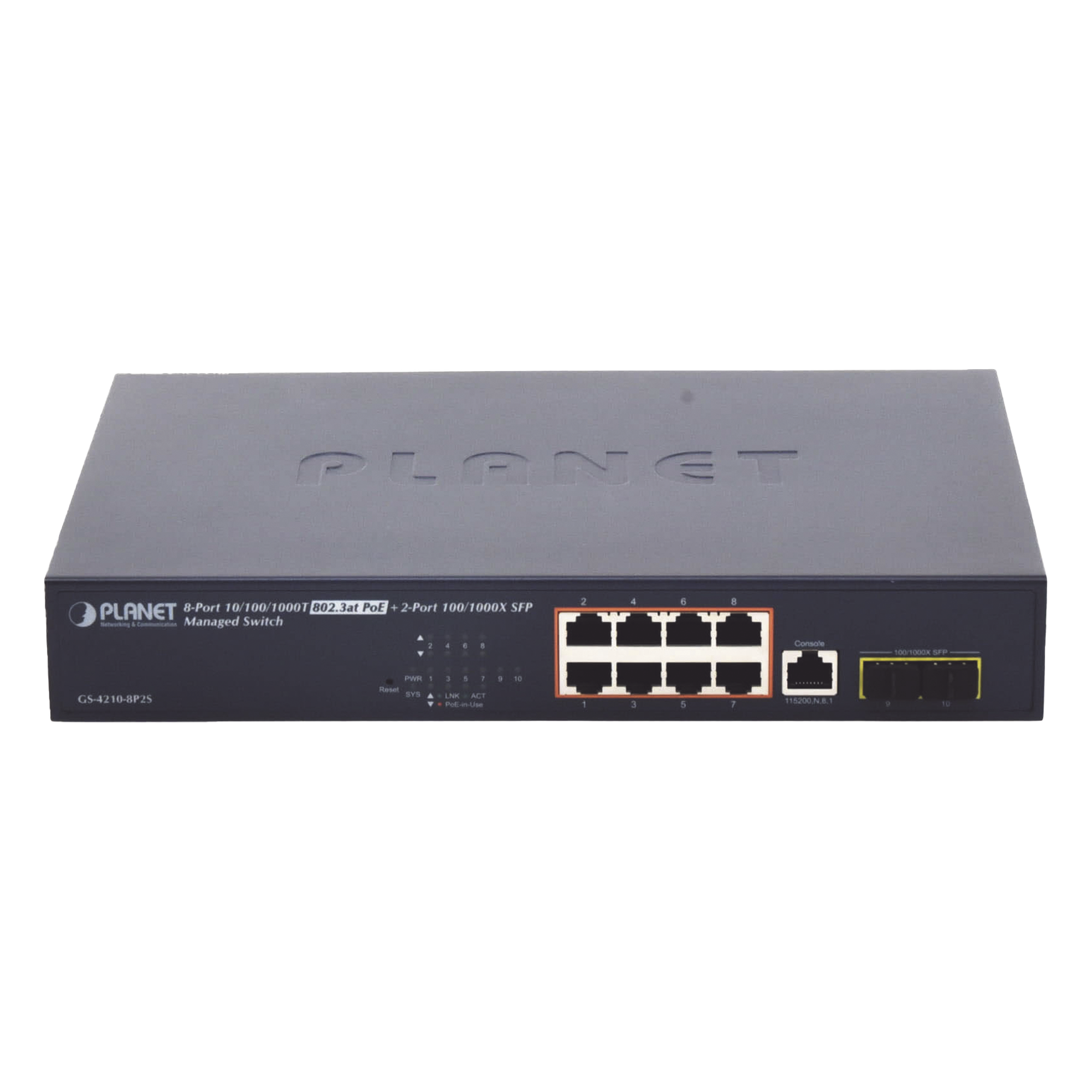 Switch Administrable PoE+ / 8 Puertos Gigabit 802.3at 30W / Presupuesto PoE 140W / 2 Puertos SFP con DDM / Alcance Extendido 250 m (820.2 ft) / Dual Stack IPv6/IPv4 / CloudNMS — PLANET · SKU GS-4210-8P2S
