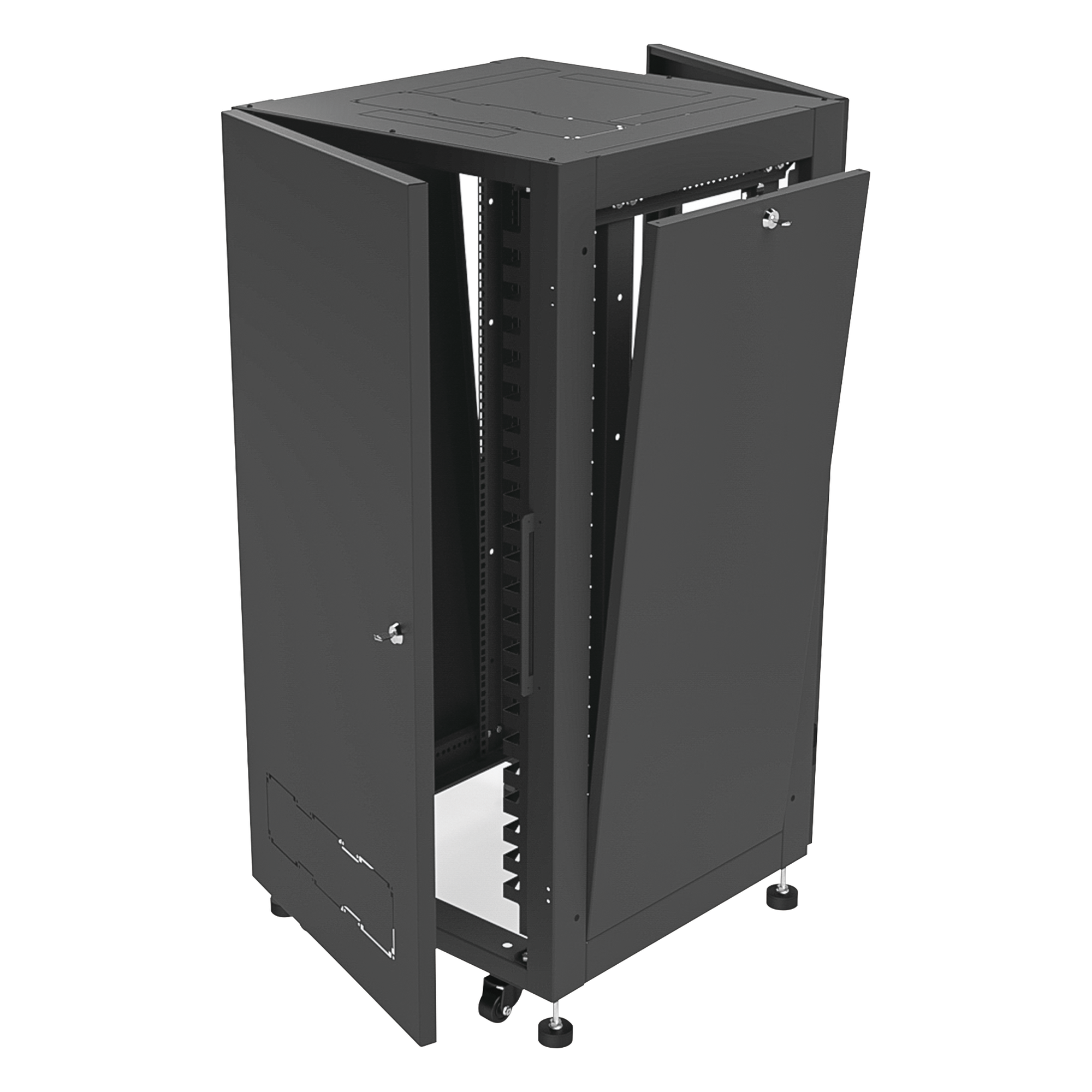 Gabinete de Piso 19in / 24UR / 600 mm Profundidad / Carga 532 kg / Puerta con Cristal Templado / Cierre 3 Puntos
