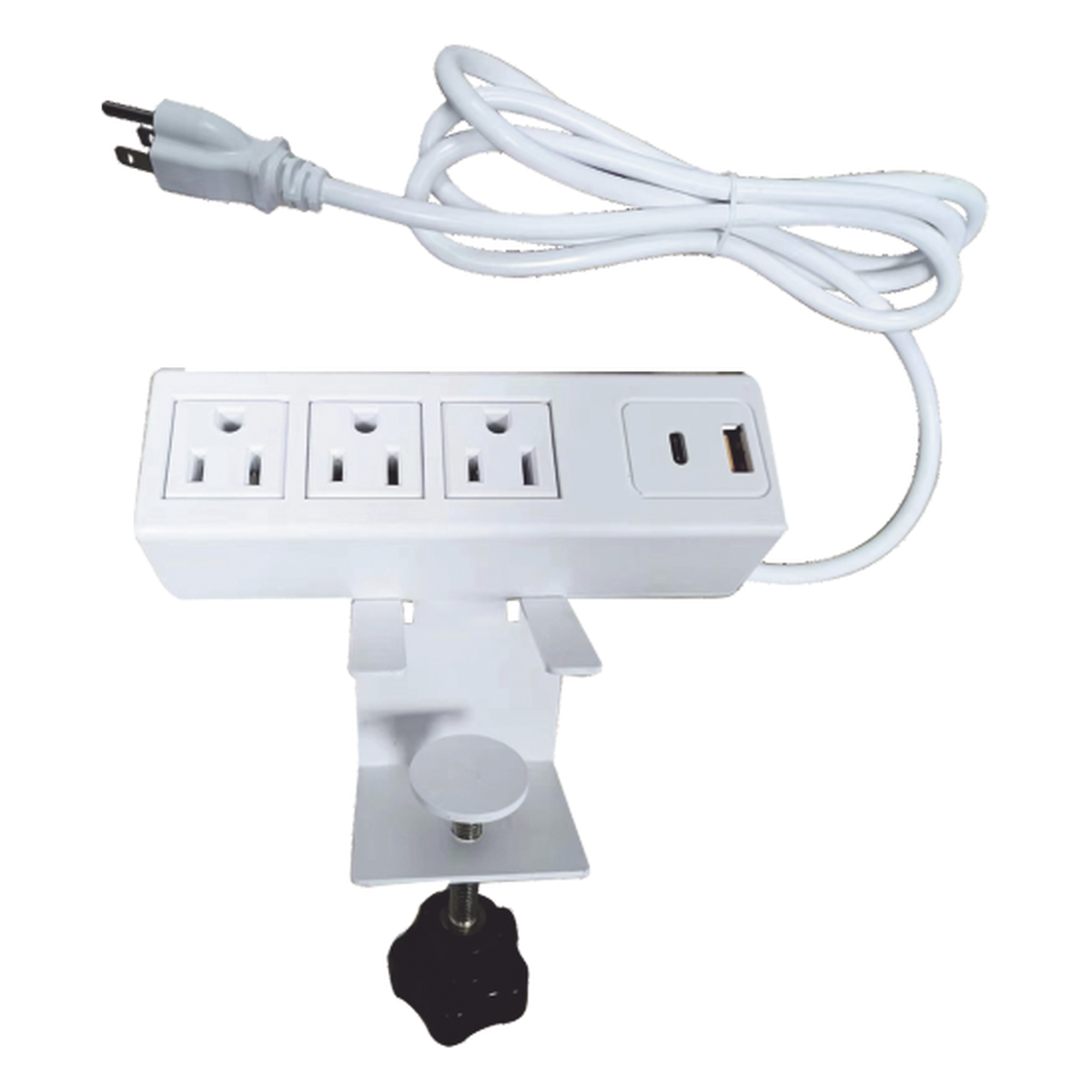 Tomacorriente para Escritorio / 3 Contactos 110VCA / 2 Puertos USB-A y USB-C PD / Bracket Ajustable / 154.7 x 38 x 48.7 mm — EPCOM POWERLINE · SKU EM-3AC-WH
