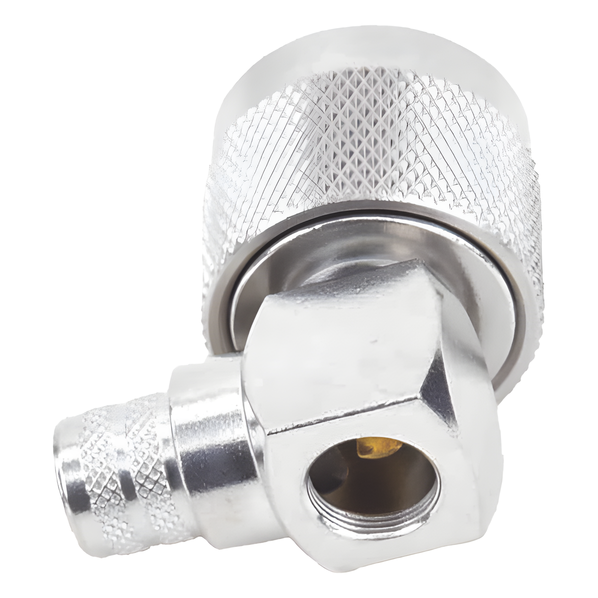 Conector Coaxial N Macho / Ángulo Recto / Anillo Plegable / Cables LMR-400 y Equivalentes / Cuerpo Bronce Plateado / Contacto Oro / Aislante Teflón
