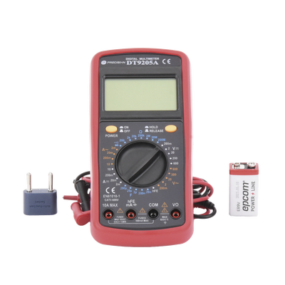KIT Multímetro Digital DT9205A 600 Vcc /  Vca  CATII,  con Pantalla LCD. Incluye Batería ER-9V de 9V