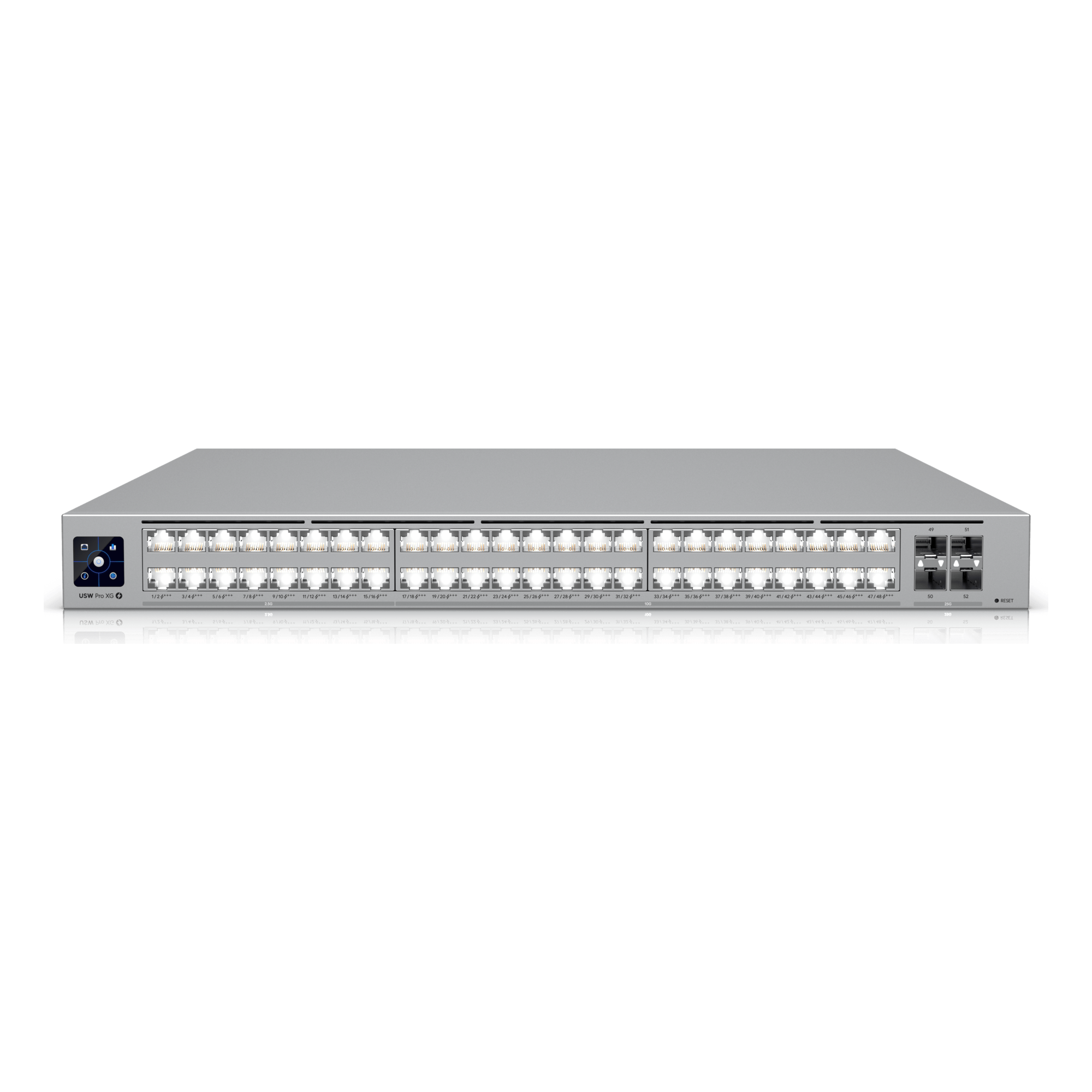 Switch PoE Capa 3 / 48 Puertos PoE+++ / 32 × 10 GbE + 16 × 2.5 GbE / 4 × SFP28 25 G / 1080 W / 920 Gbps Switching / 1U Rack — UBIQUITI · SKU USW-PRO-XG-48-POE