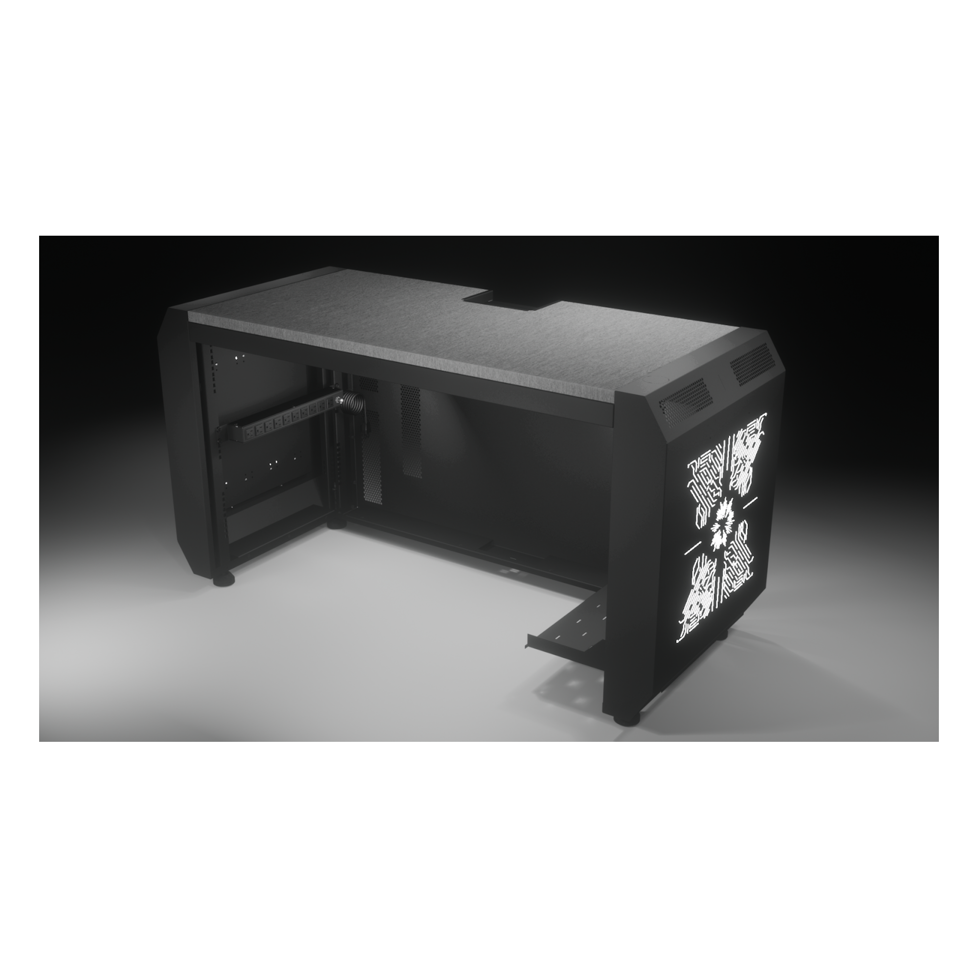 Consola Profesional para Monitoreo y Cómputo / Acero Laminado y Madera / Ranura para Base de Monitores / Tomacorriente 15A / Iluminación LED / 1.64 ft (0.5 m) de Profundidad — EPCOM INDUSTRIAL · SKU EMS03