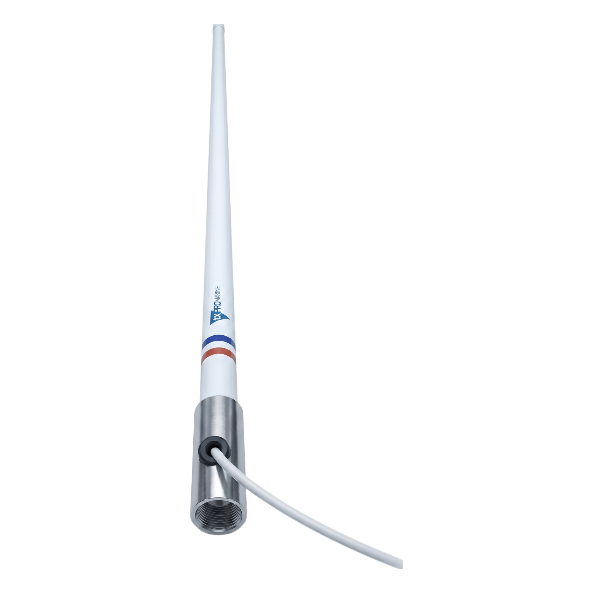 Antena Marina VHF / Fibra de Vidrio / 156-163 MHz / 6 dBi / 2.4 m (7.9 ft) / Cable 10 m (32.8 ft) / Base Acero Inoxidable — TXPROMARINE · SKU TX5101SYS/10M