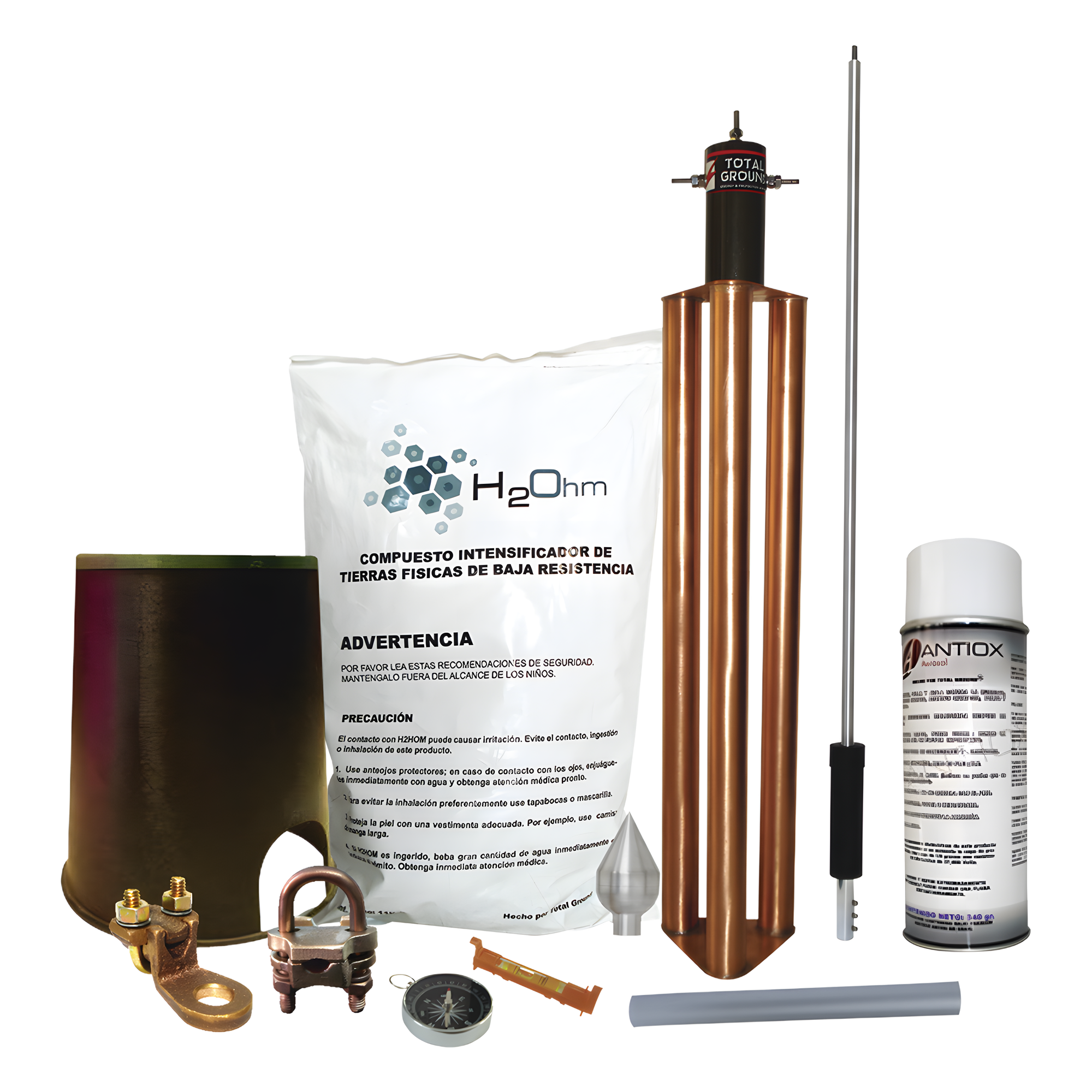 Kit de Protección Contra Tormentas Eléctricas / 80 m (262.5 ft) de Diámetro de Protección / Mástil 1.2 m (3.9 ft) / Electrodo 100 A / Mejorador de Suelo 11 kg / Sistema Externo e Interno — TOTAL GROUND · SKU KITMASTERALUT