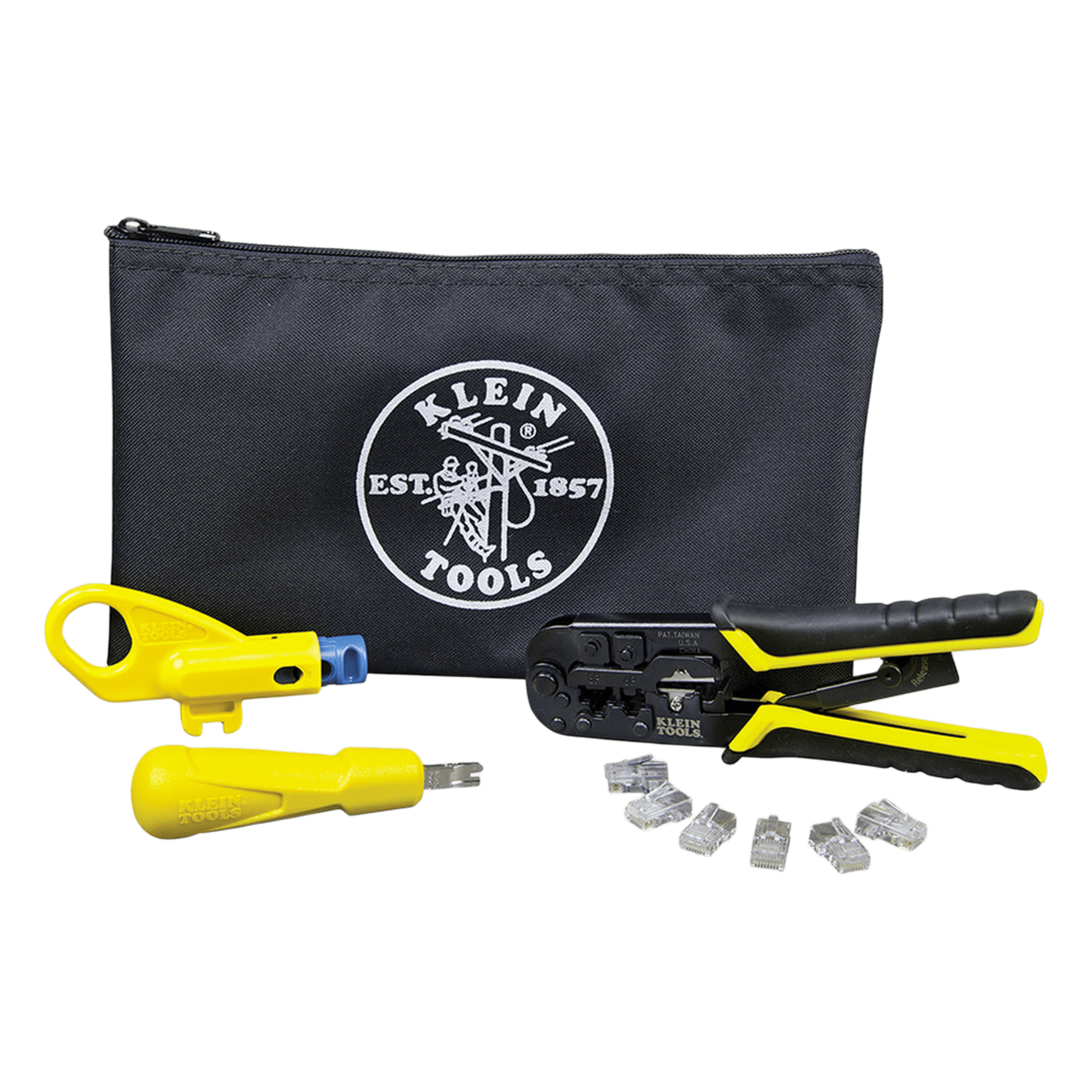 Kit de Instalación de Cable UTP / Pelacables Radial / Ponchadora Modular / Ponchadora 110 / 6 Conectores RJ45-Cat5E / Estuche con Cierre Relámpago — KLEIN TOOLS · SKU VDV026212
