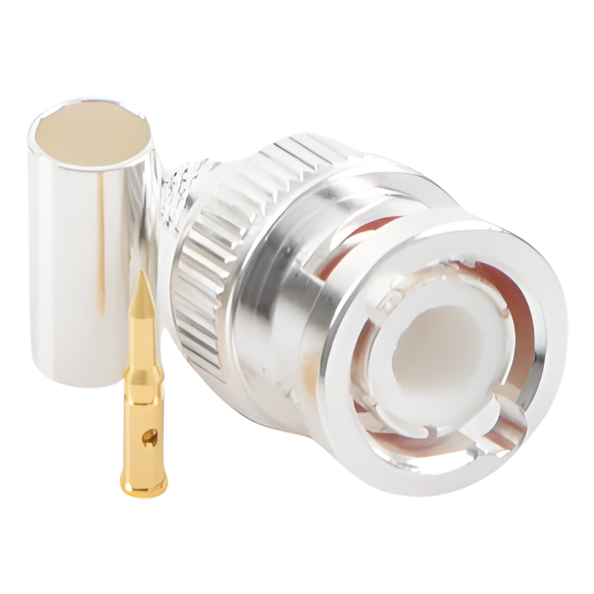 Conector Coaxial BNC Macho / Anillo Plegable / Cuerpo Bronce Plateado / Contacto Oro / Aislante Teflón / Cables RG-58/U, RG-142/U, LMR-195
