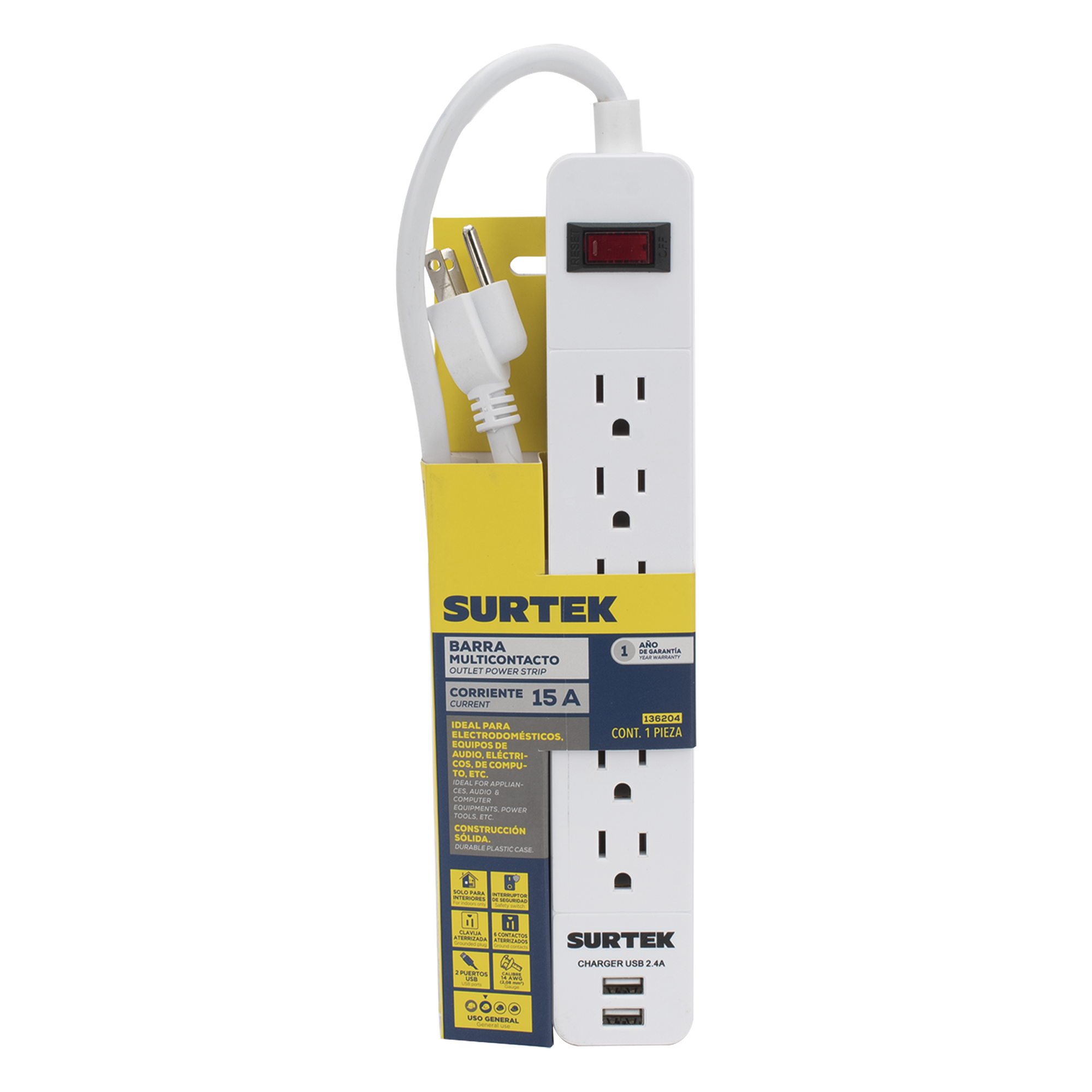 Multicontacto con 6 contactos aterrizados y 2 puertos usb.